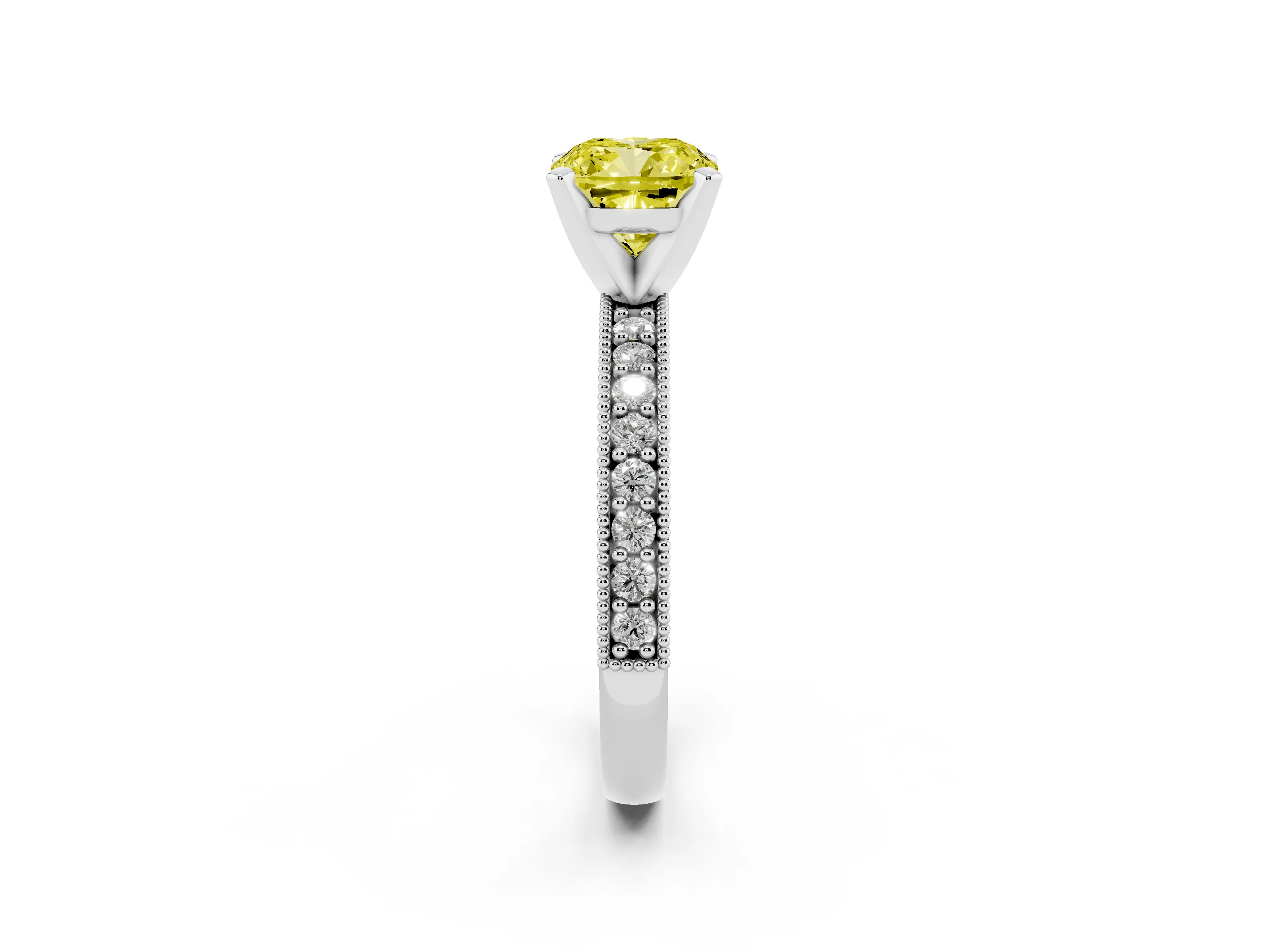 Fancy Yellow Cushion Cut Diamond Milgrain Pavé Engagement Ring Set in Platinum with Prong Setting