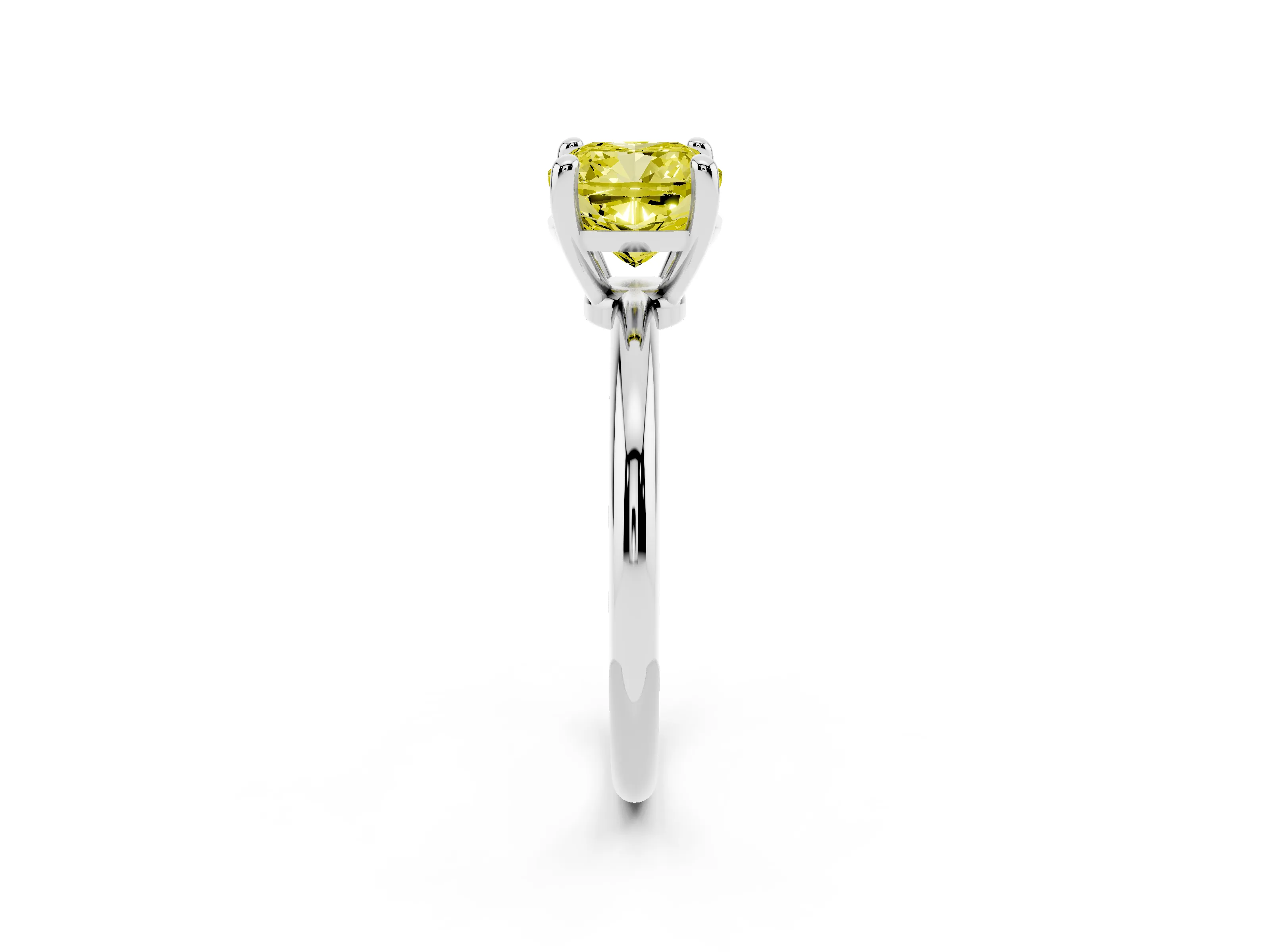 Fancy Yellow Cushion Cut Diamond Solitaire Ring Set in Platinum with Secure Prong Setting on a Classic Band