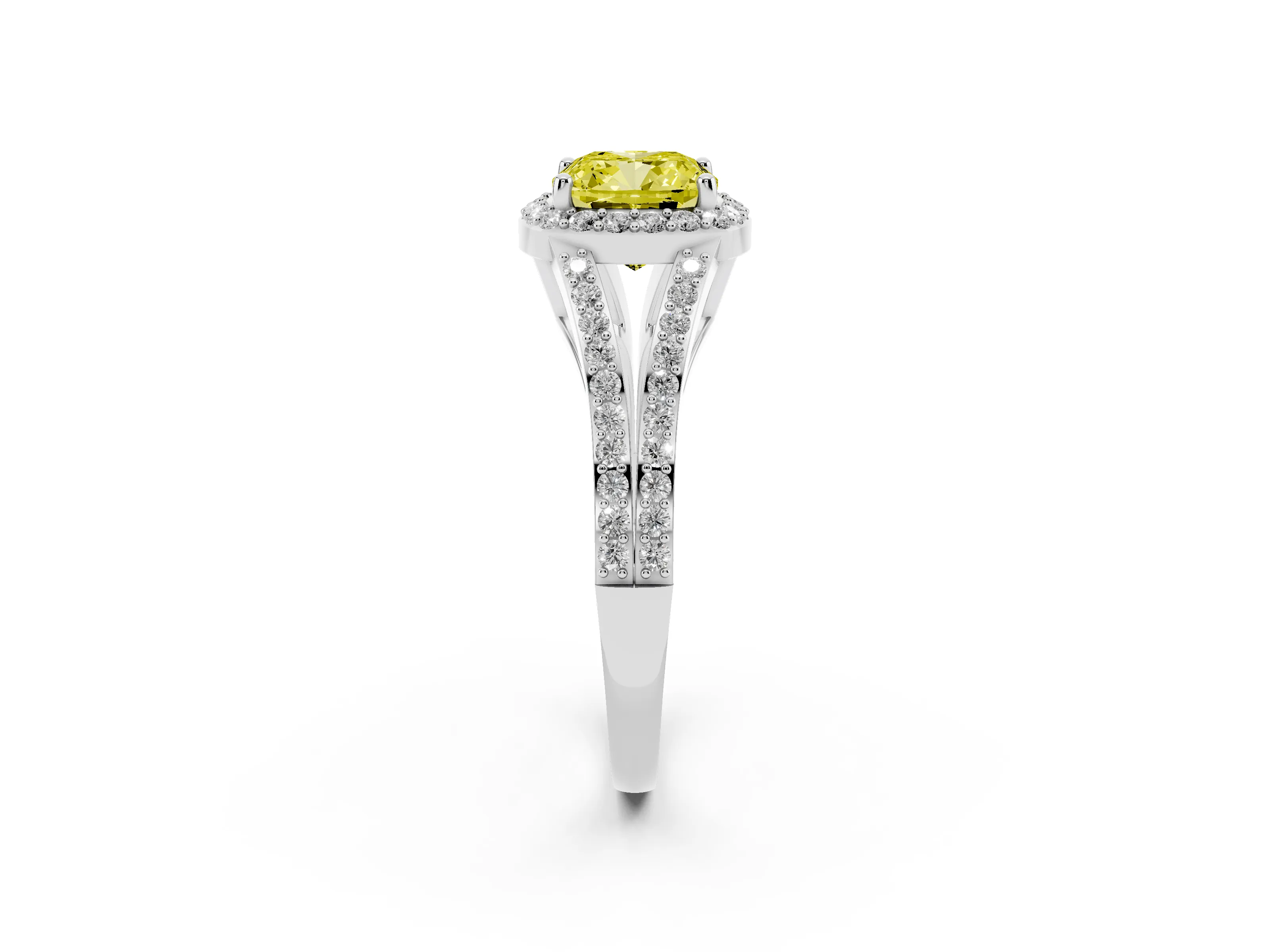 Fancy Yellow Cushion Cut Diamond Halo Split Shank Ring Set in Silver with Accent Stones and Prong Setting