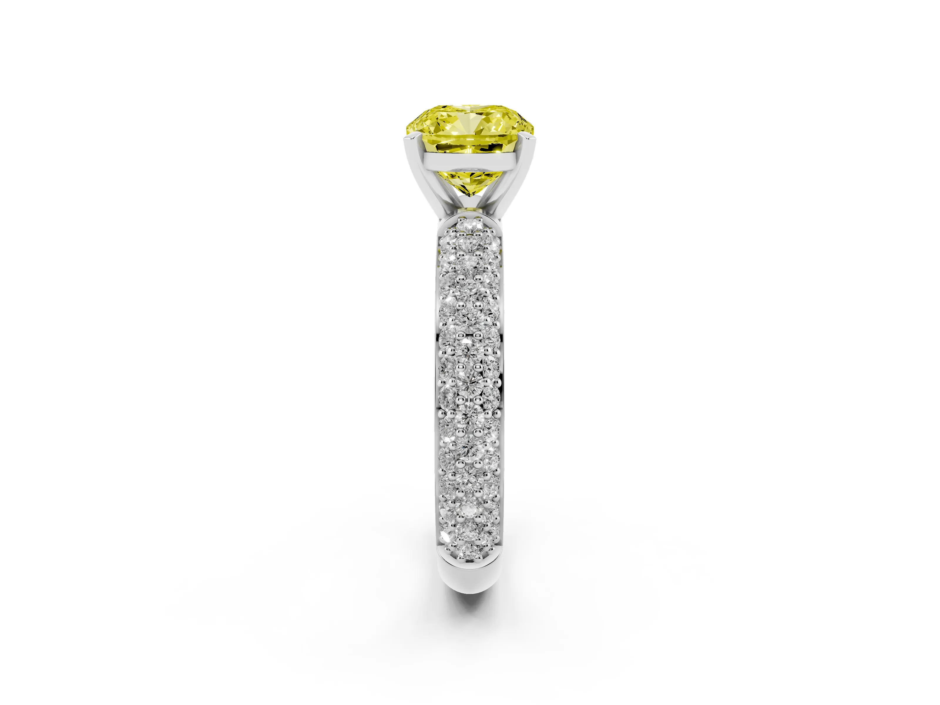 Fancy Yellow Cushion Cut Diamond Solitaire Ring Set in White gold with Prong Setting and Pavé-Set Band