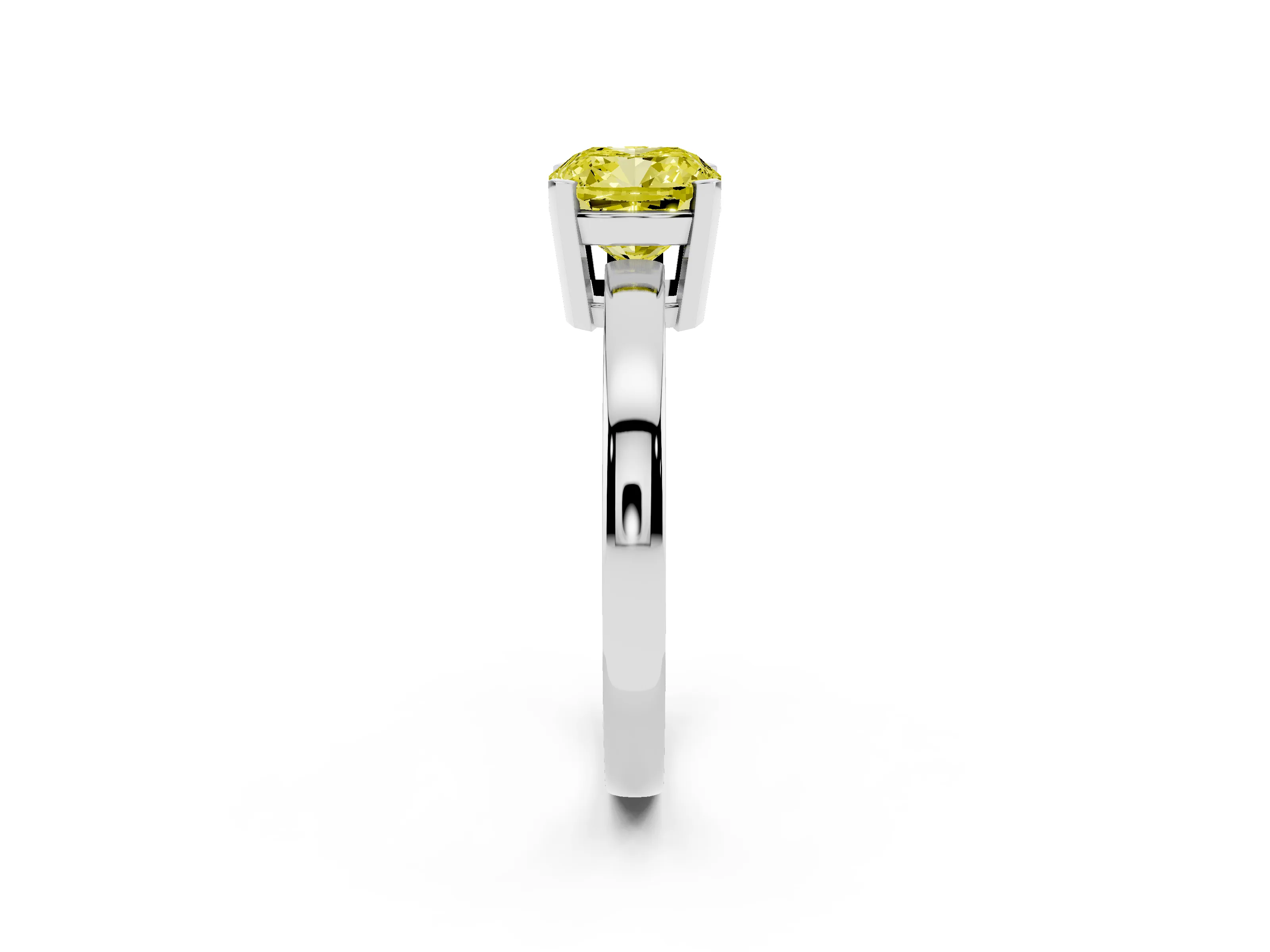 Fancy Yellow Cushion Cut Diamond Solitaire Ring Set in Silver with Prong Head and Smooth Polished Band