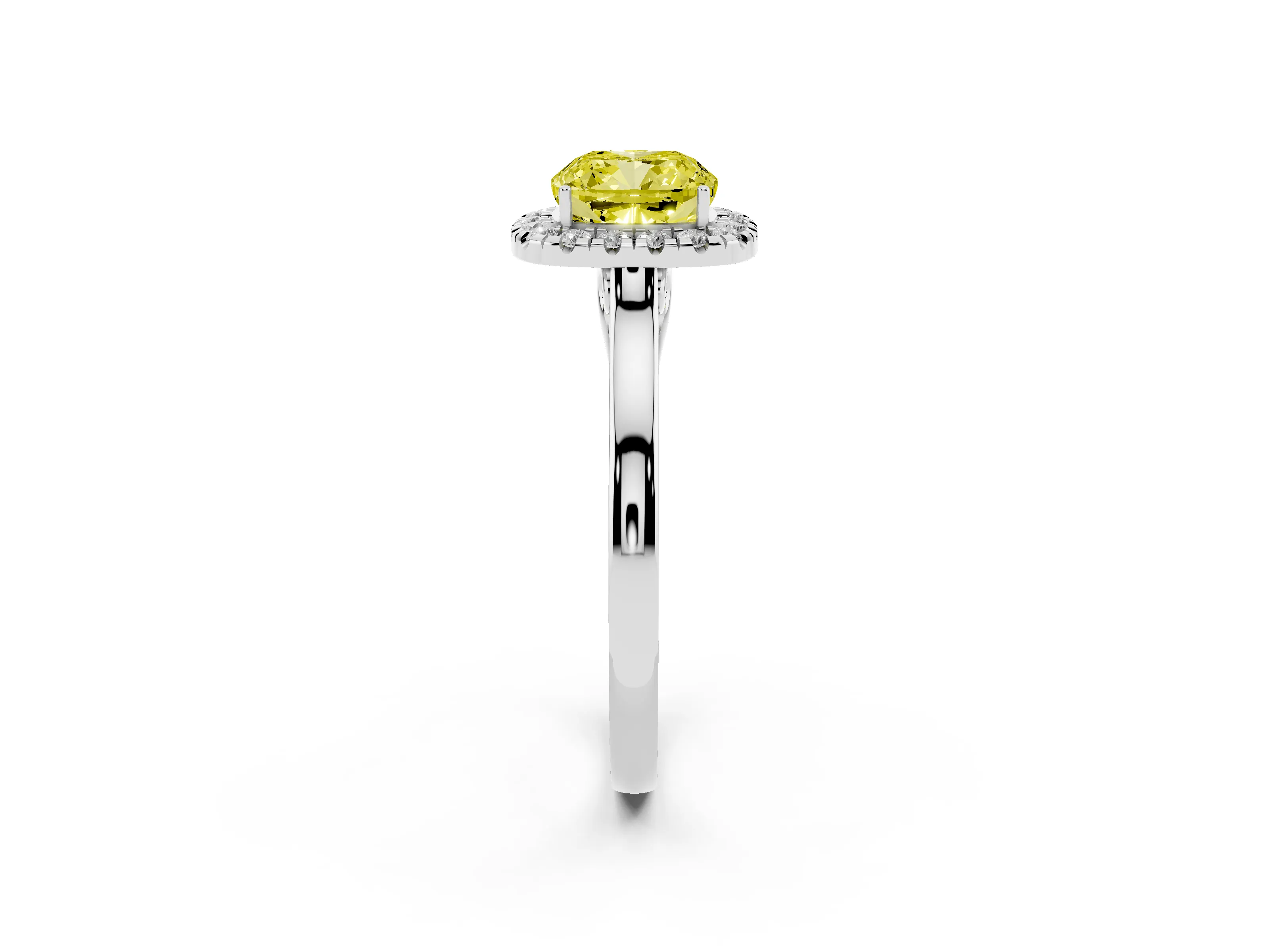 Fancy Yellow Cushion Cut Halo Round Diamond Solitaire Ring Set in White gold with Pavé Band and Prong Setting