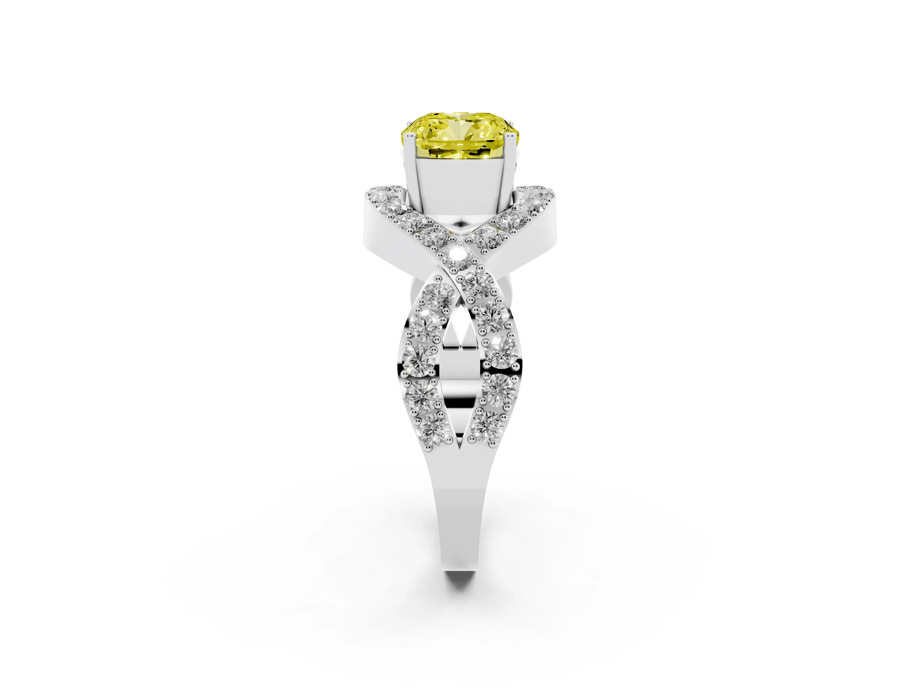 Fancy Yellow Cushion Cut Diamond Solitaire Twist Band Pavé Engagement Ring Set in White gold