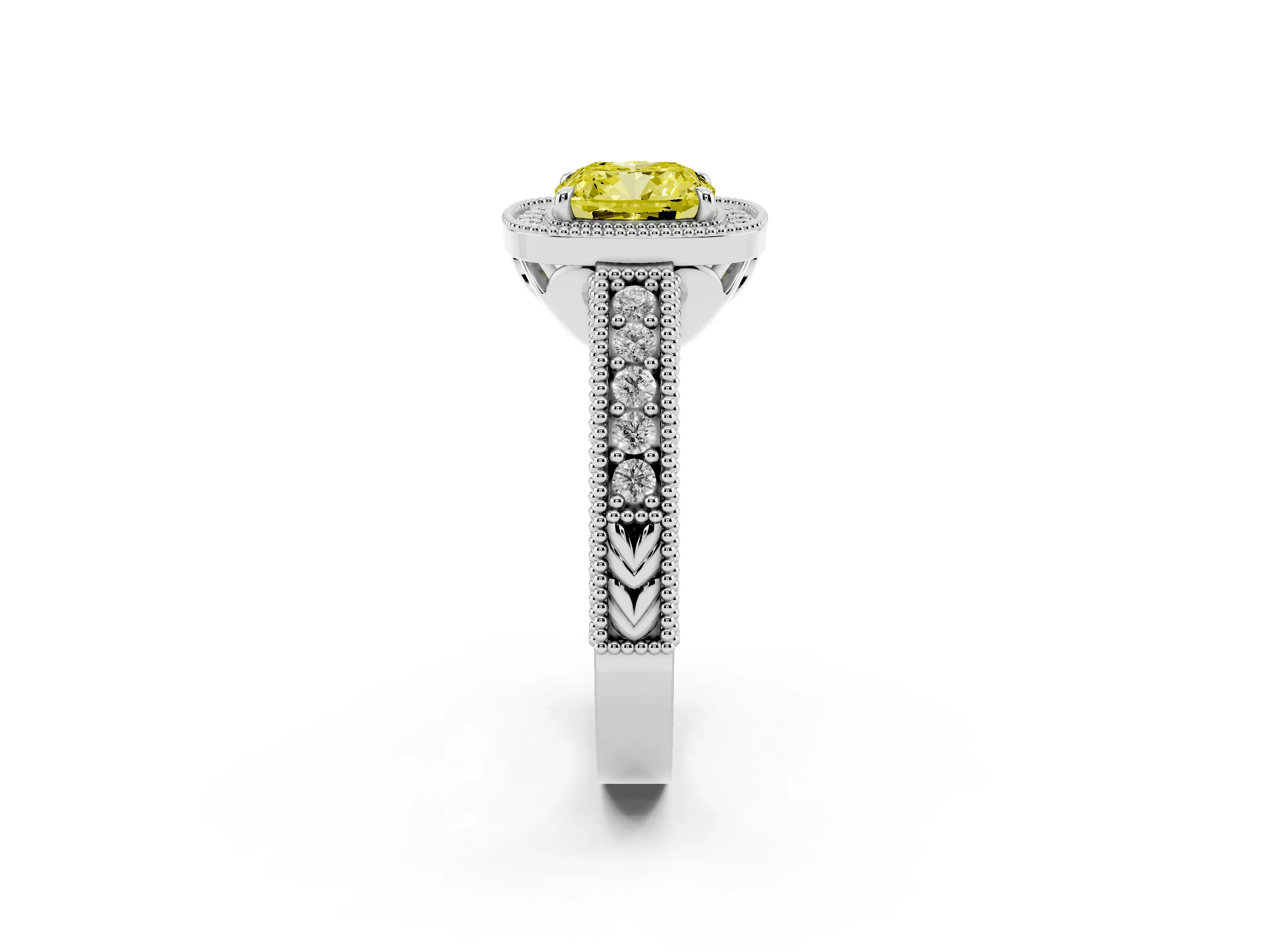 Fancy Yellow Cushion Cut Diamond Halo Ring Set in White gold with Round Accent Halo, Pavé Band and Prong Setting
