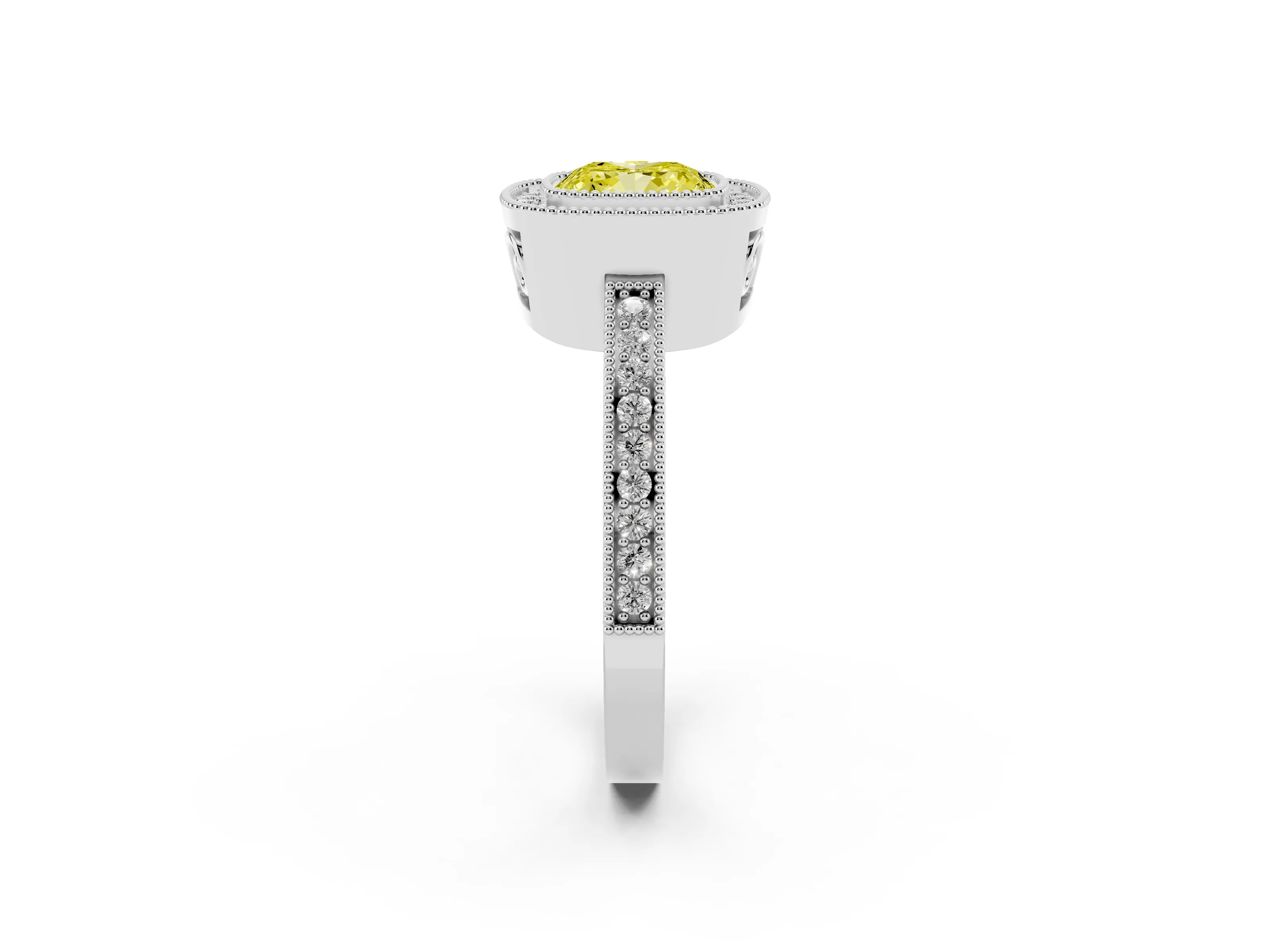 Fancy Yellow Cushion Cut Diamond Round Halo Ring Set in Platinum with Pavé Band