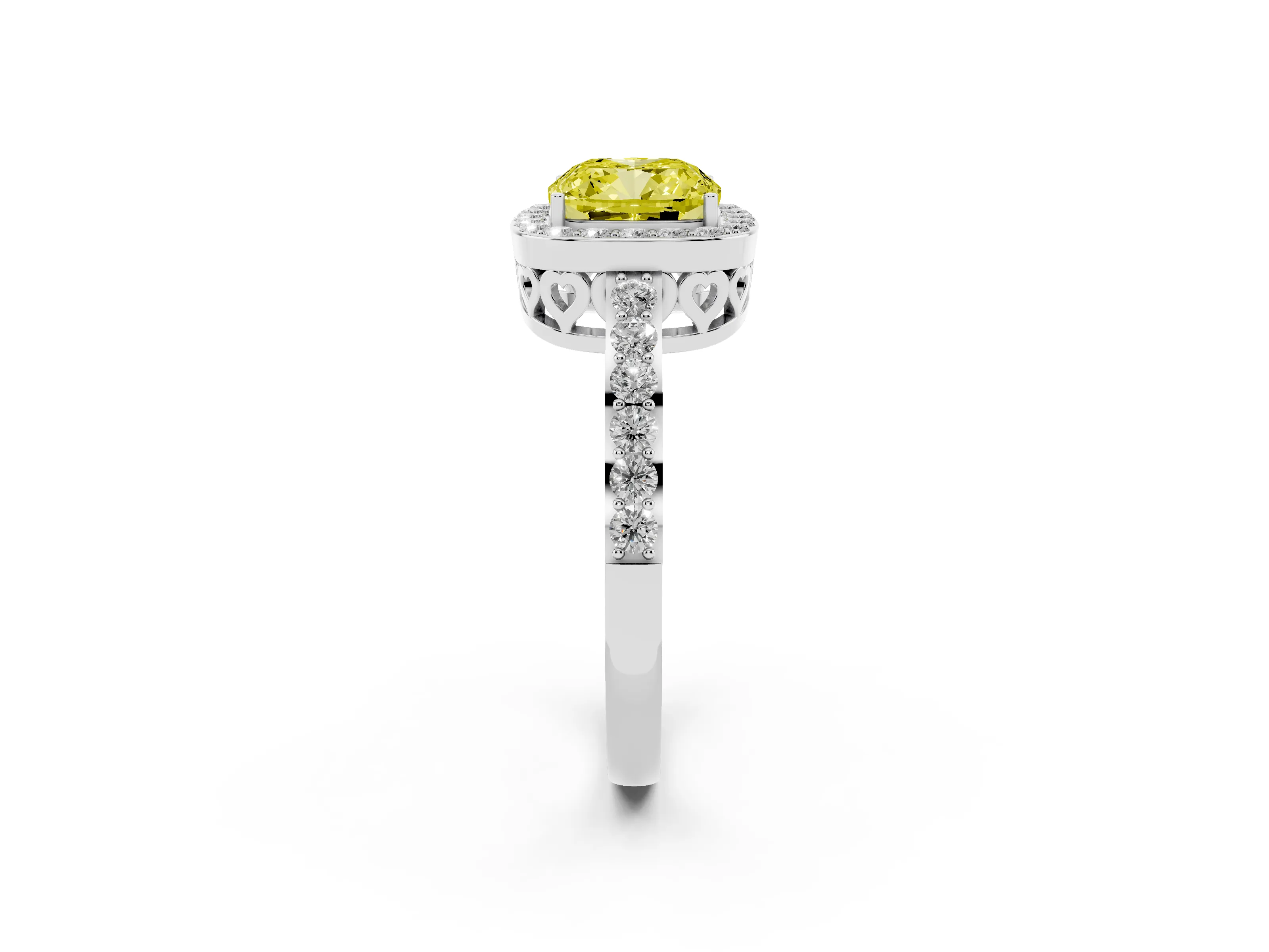 Fancy Yellow Cushion Cut Diamond Halo Ring Set in White gold with Pavé-Setting Band and Open Prong Center