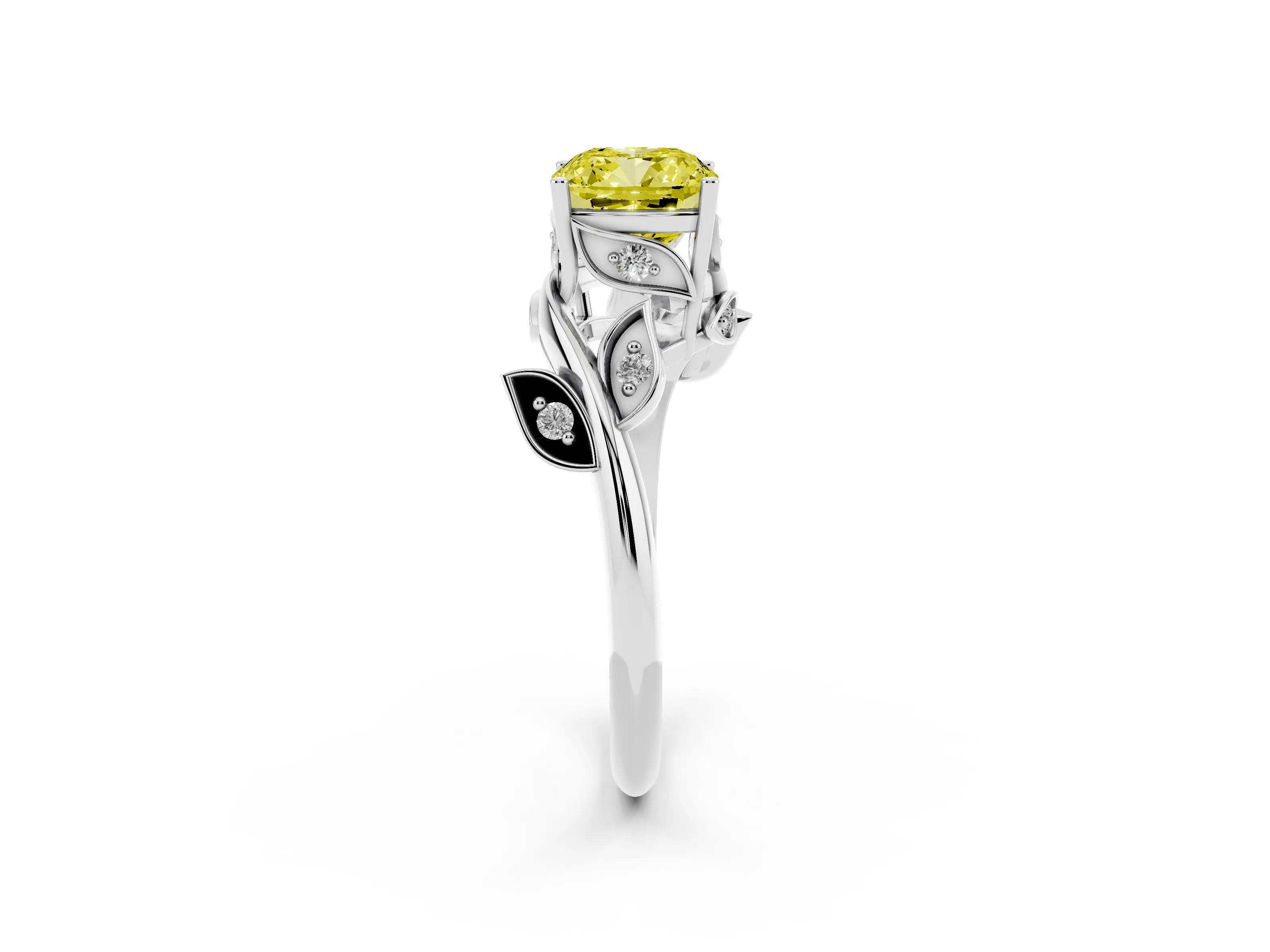 Fancy Yellow Cushion Cut Diamond Solitaire Twist Engagement Ring Set in Platinum with Pavé Leaf Accents