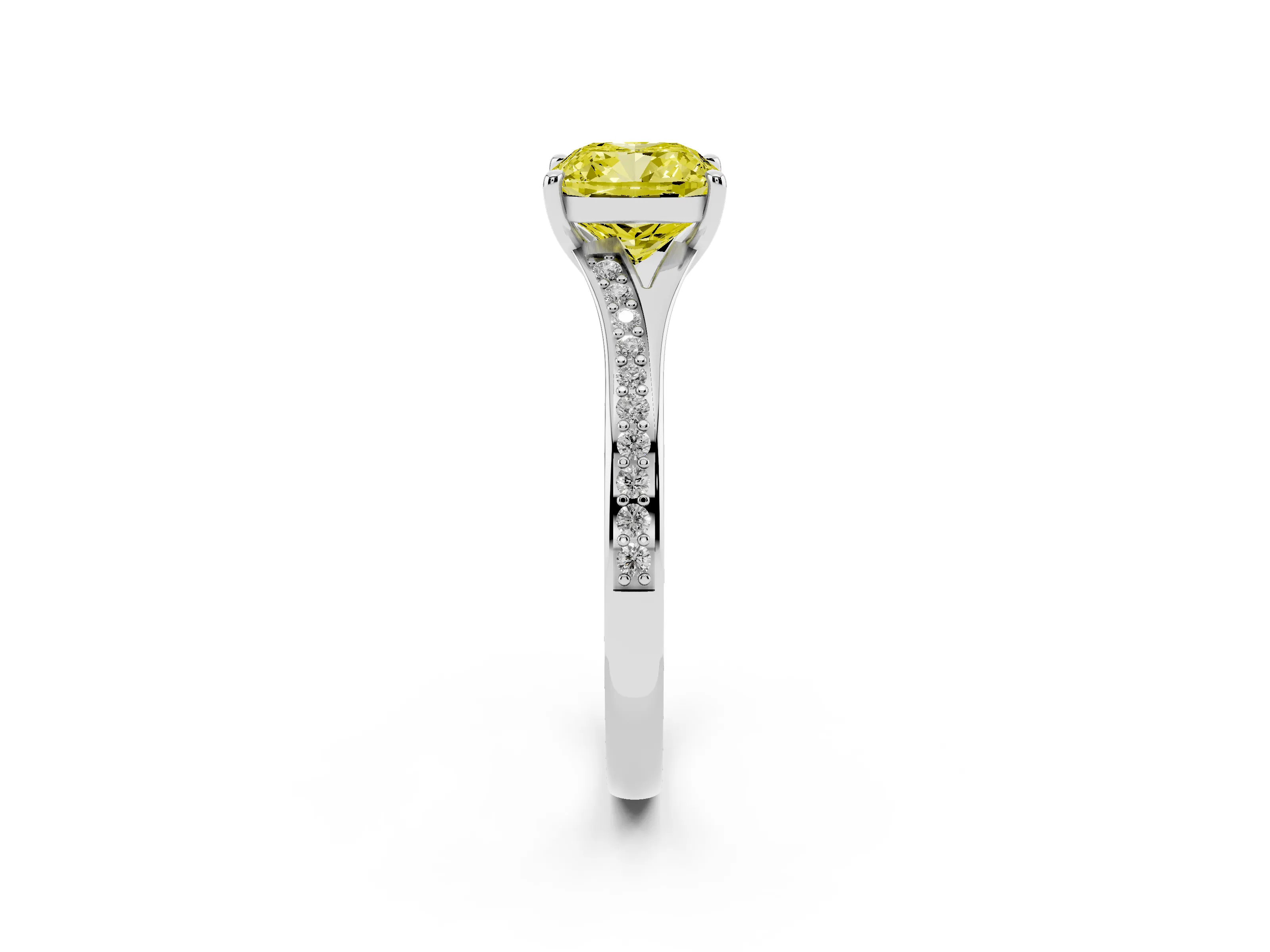Fancy Yellow Cushion Cut Diamond Solitaire Ring Set in Platinum with Pavé Accent Band and Classic Prong Setting
