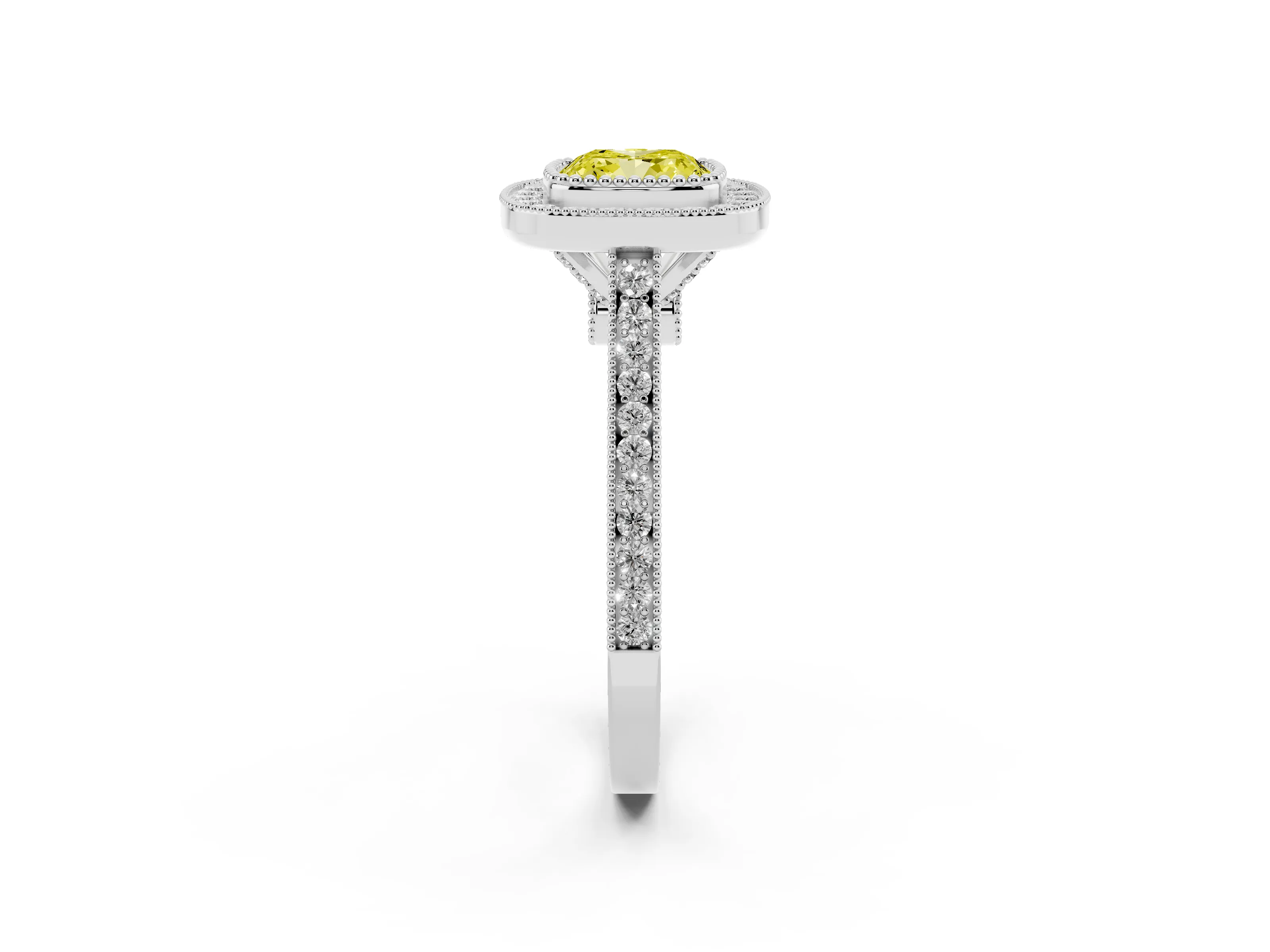 Fancy Yellow Cushion Cut Diamond Halo Ring Set in White gold with Milgrain Frame and Pavé Band