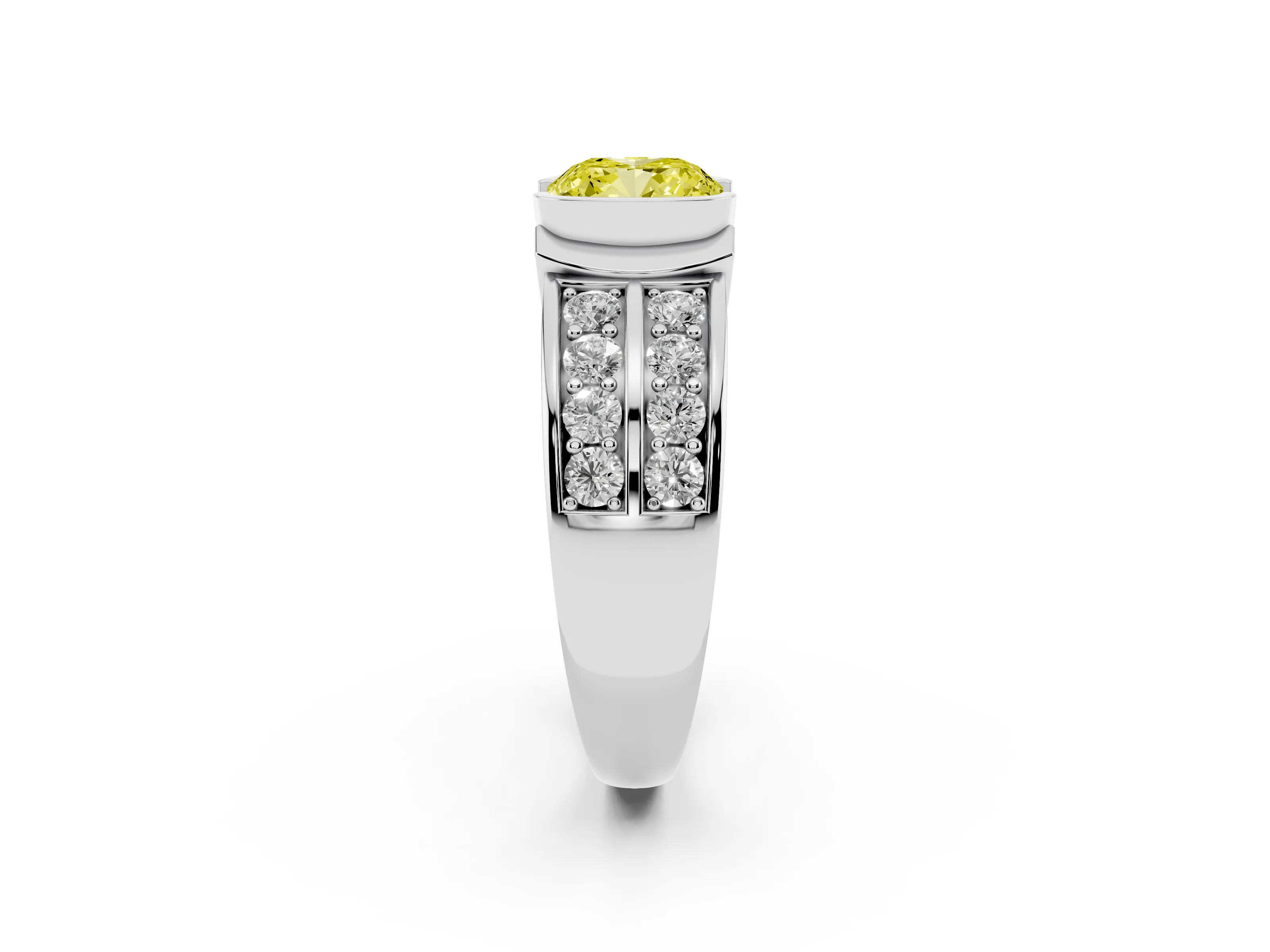 Fancy Yellow Cushion Cut Diamond Wide Channel Set Band Ring Set in Silver with Bezel Setting