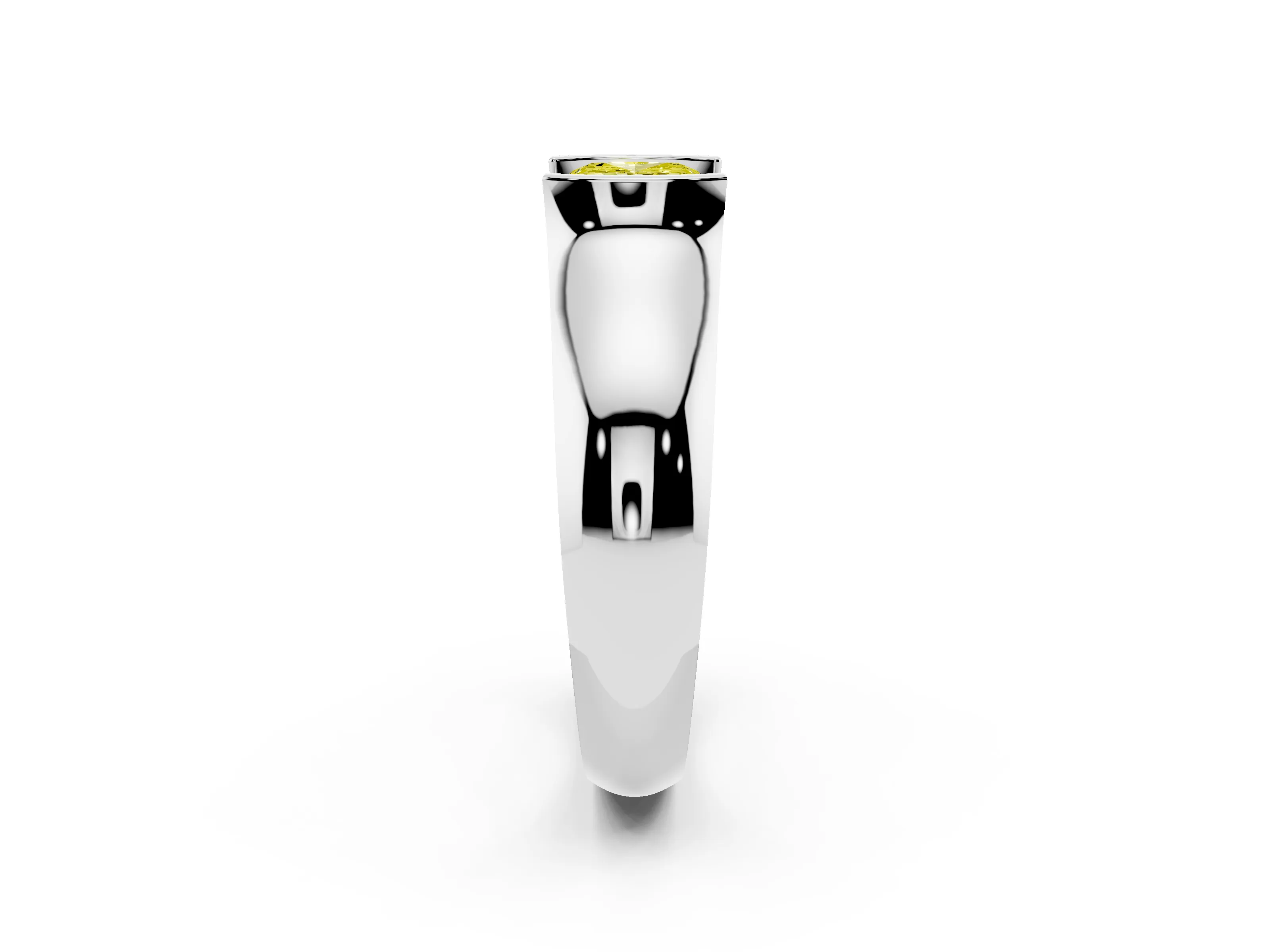 Fancy Yellow Cushion Cut Diamond Bezel Solitaire Ring Set in White gold with Wide Band