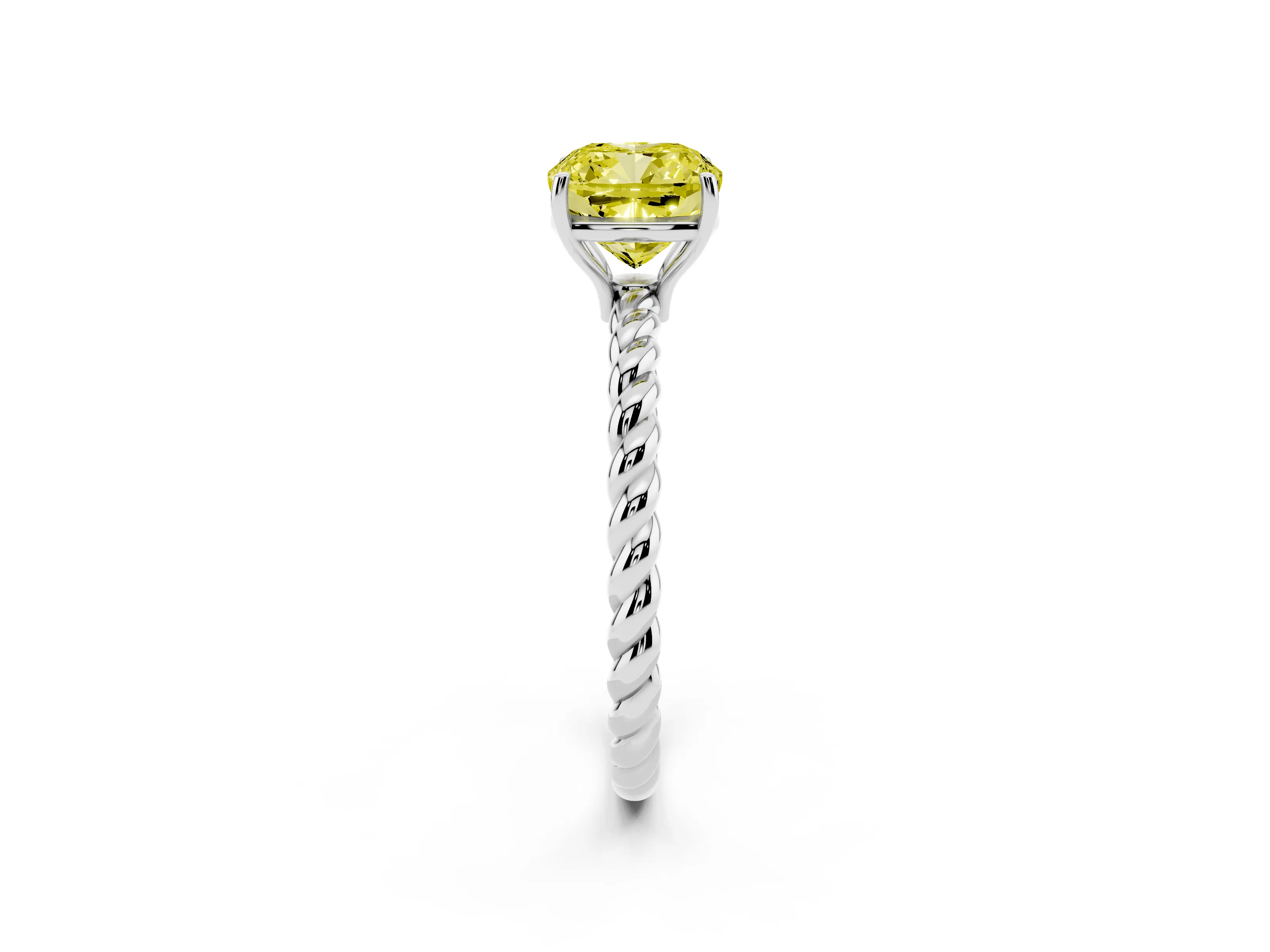 Fancy Yellow Cushion Cut Diamond Solitaire Ring Set in Platinum with Twist Band and Prong Setting