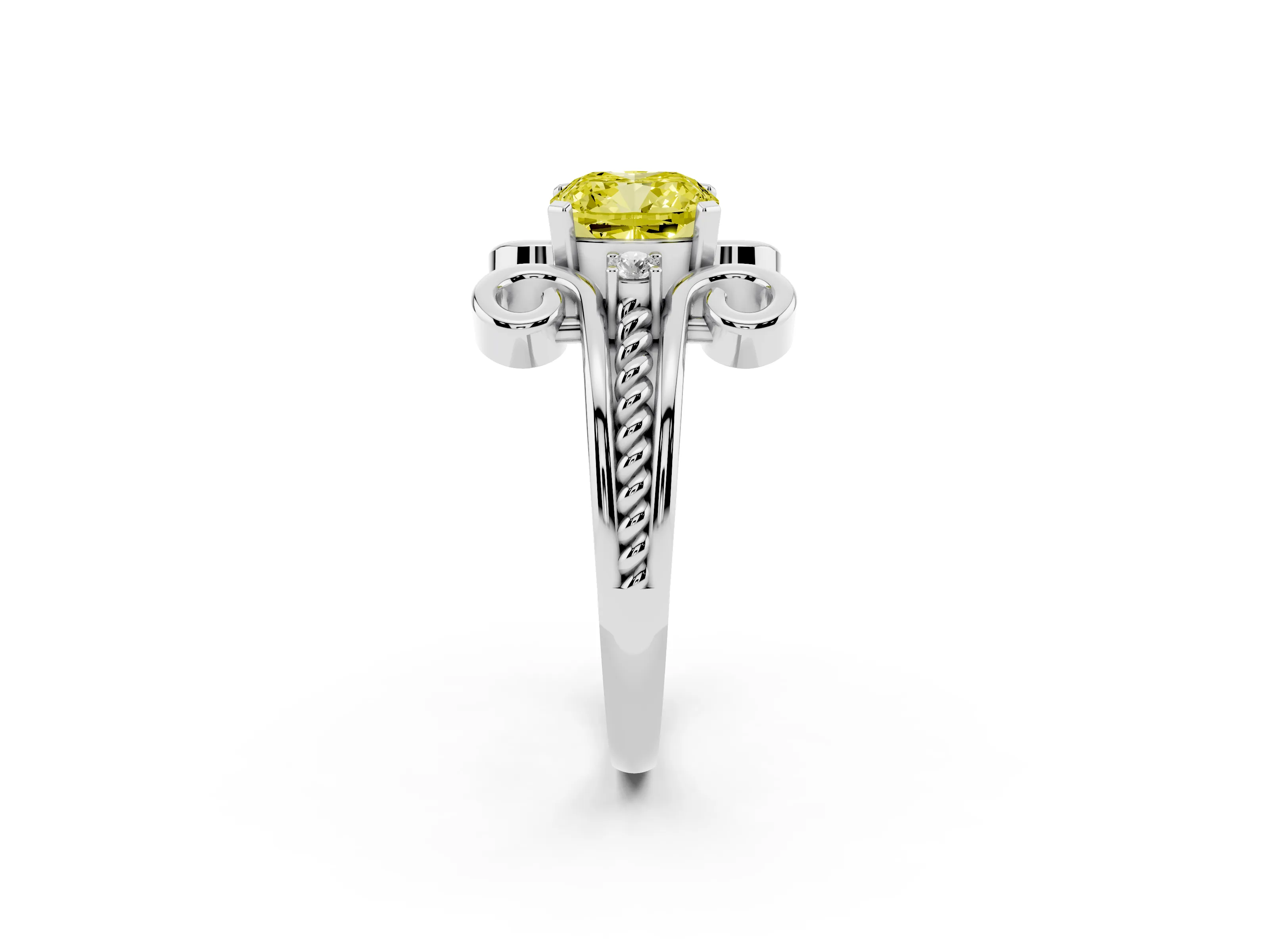 Fancy Yellow Cushion Cut Diamond Twisted Band Solitaire Ring Set in White gold with Scroll Prongs