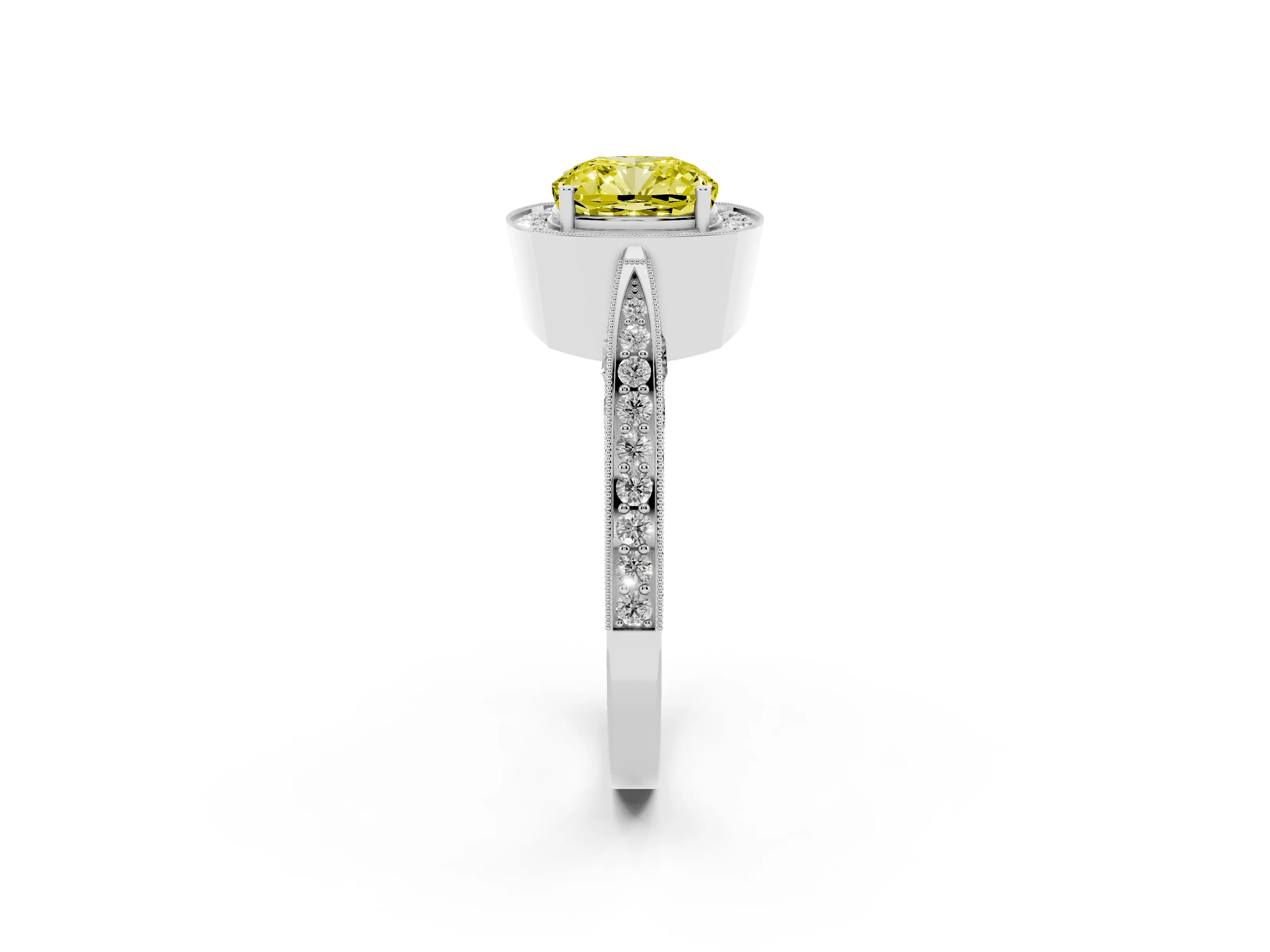 Fancy Yellow Cushion Cut Diamond Halo Engagement Ring Set in Silver with Accent Split Shank Band