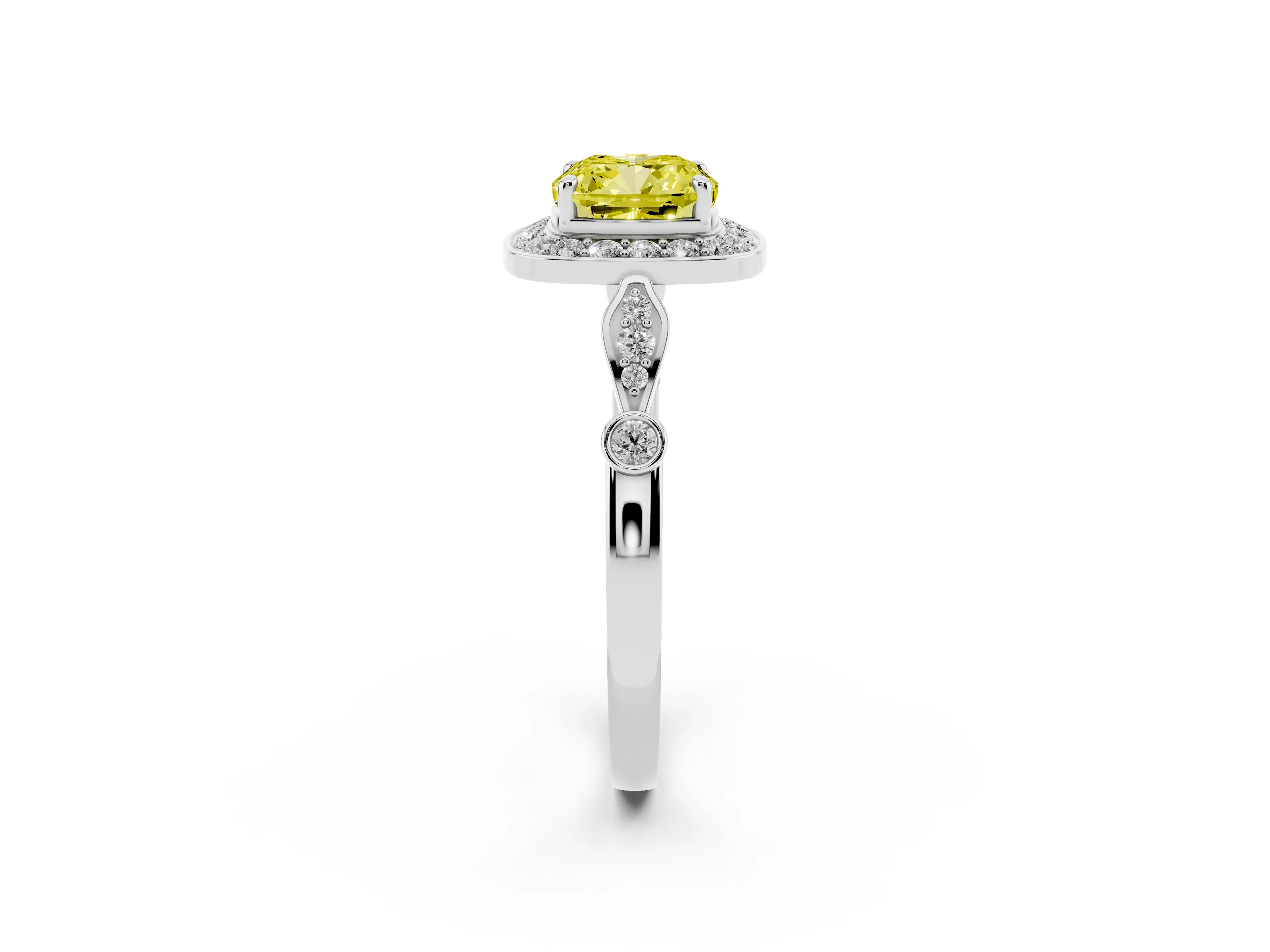 Fancy Yellow Cushion Cut Diamond Halo Engagement Ring Set in White gold with Twisted Band and Prong Setting