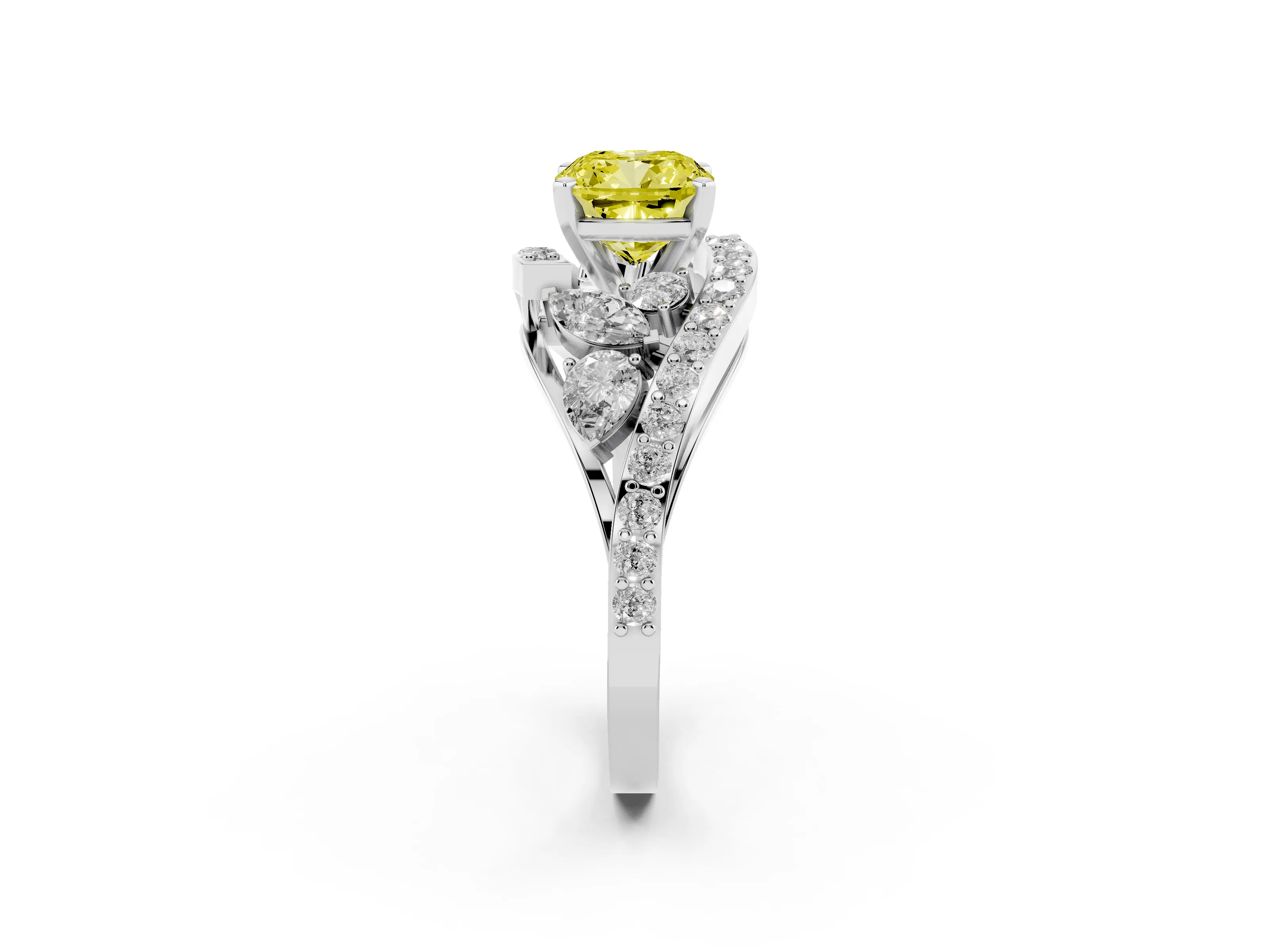 Fancy Yellow Cushion Cut Diamond Halo Ring Set in Silver with Marquise and Pavé Band in Prong Setting