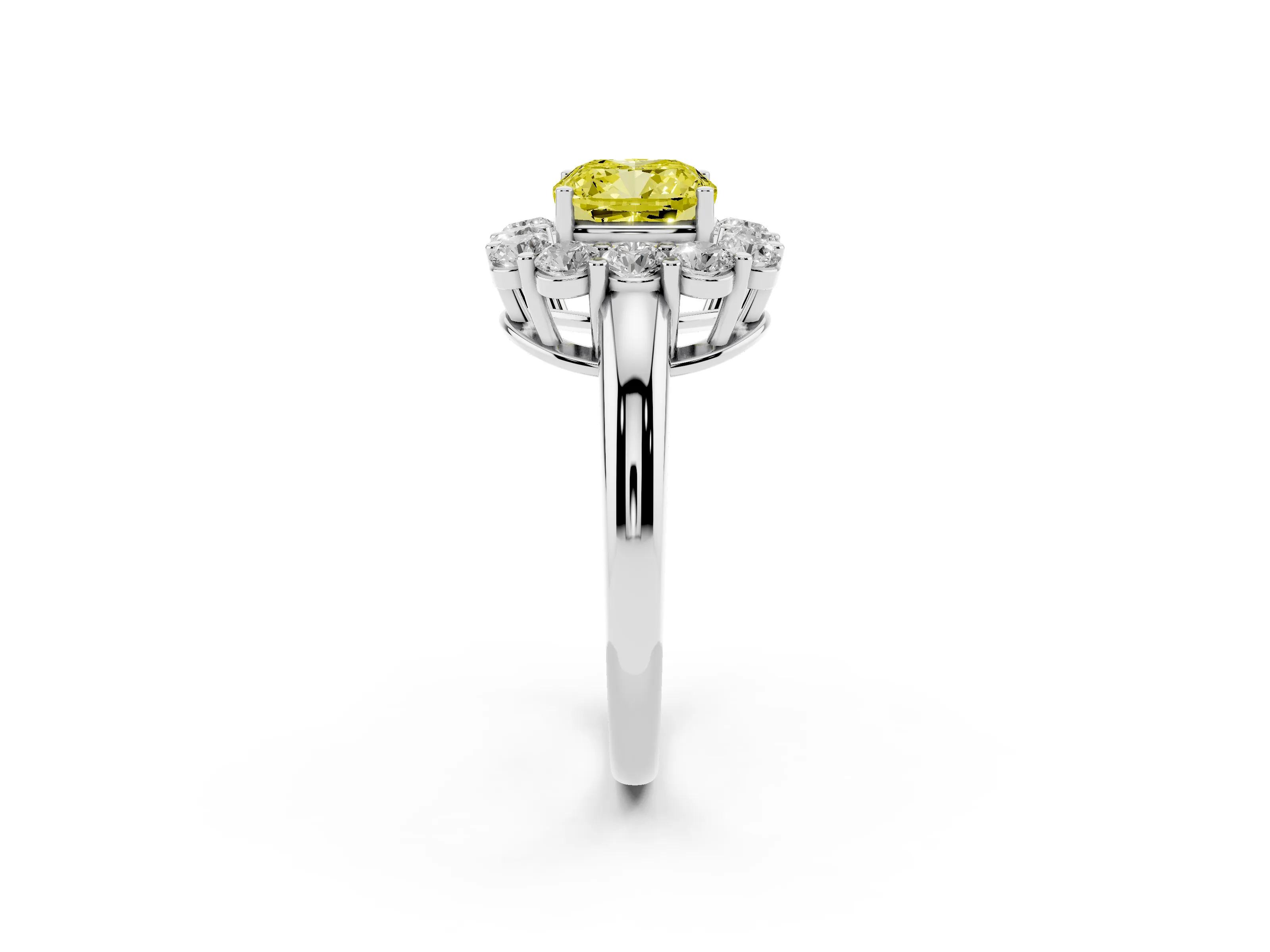 Fancy Yellow Cushion Cut Diamond Halo Cluster Engagement Ring Set in Platinum with Polished Band and Prong Setting
