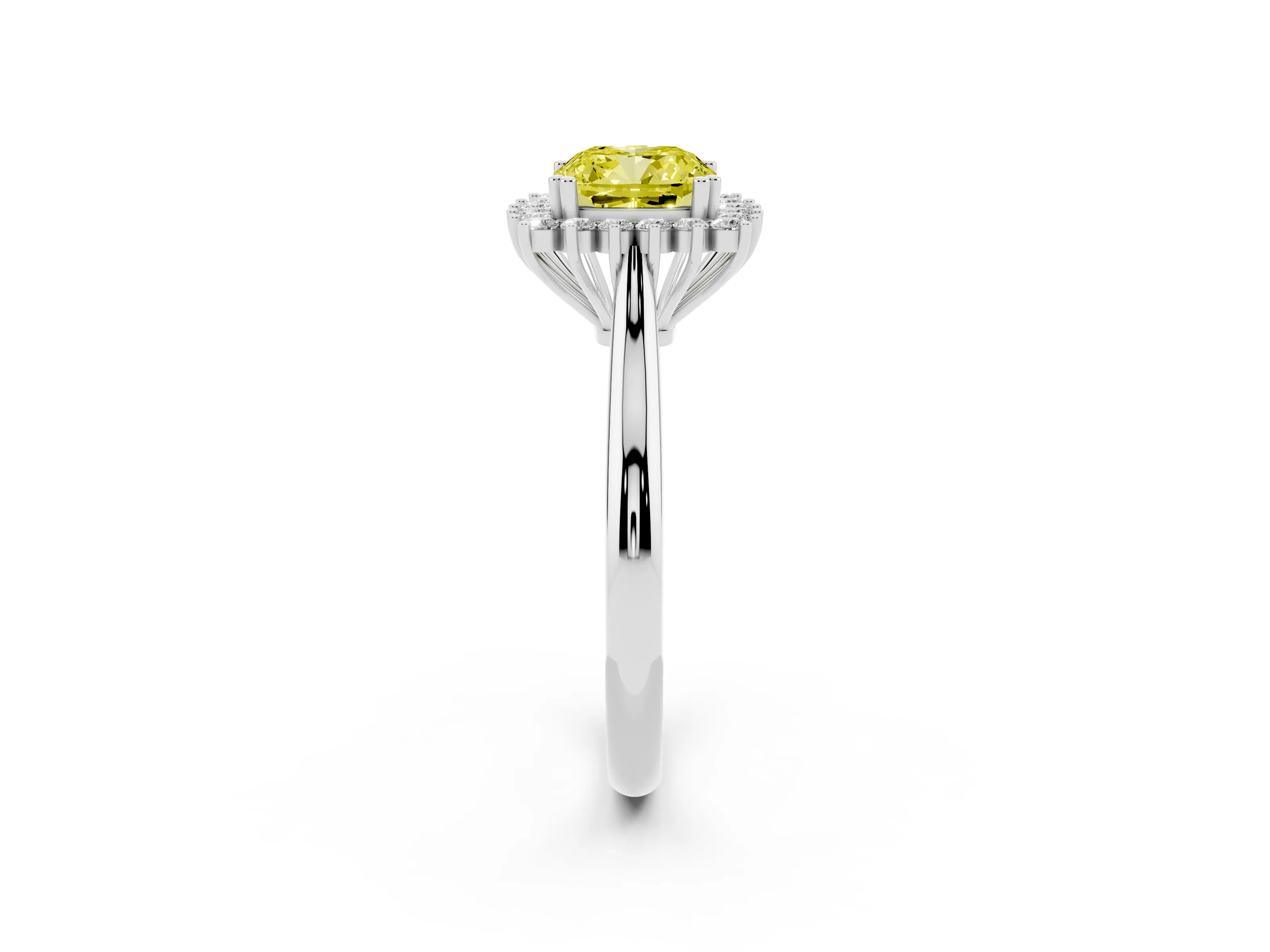 Fancy Yellow Cushion Cut Diamond Halo Ring Set in Platinum with Plain Solitaire Band and Prong Setting