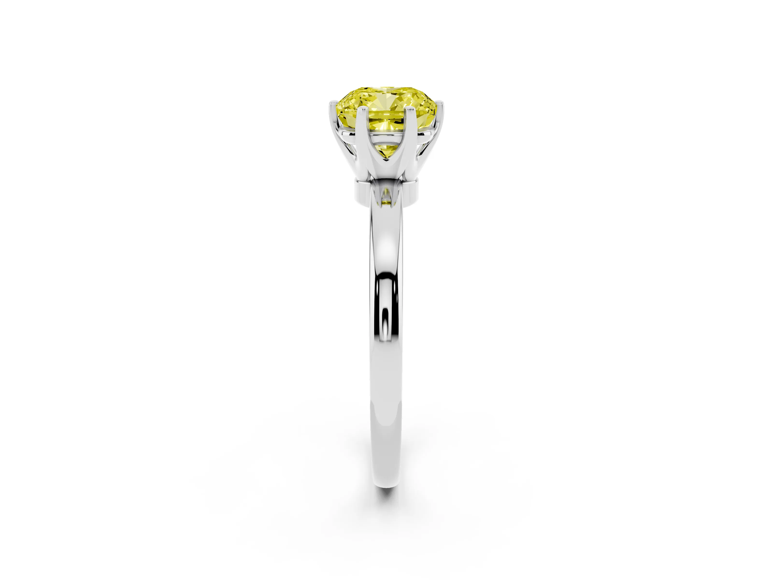 Fancy Yellow Cushion Cut Diamond Solitaire Ring Set in Platinum with Raised Prong Setting on a Classic Band