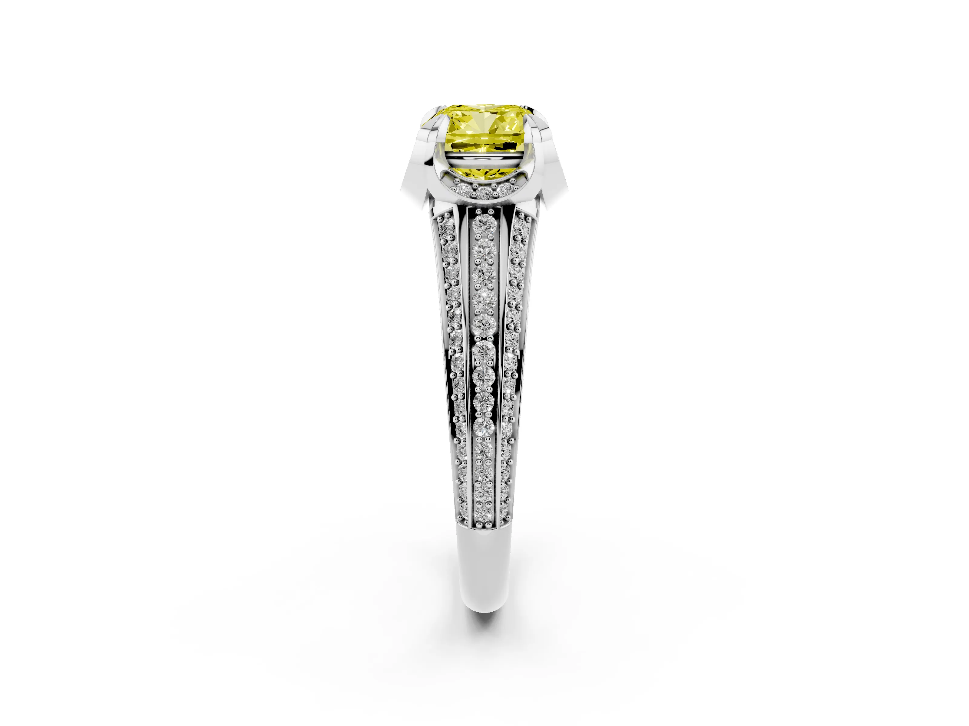 Fancy Yellow Cushion Cut Diamond Pavé Split Shank Solitaire Ring Set in White gold with Prong Setting