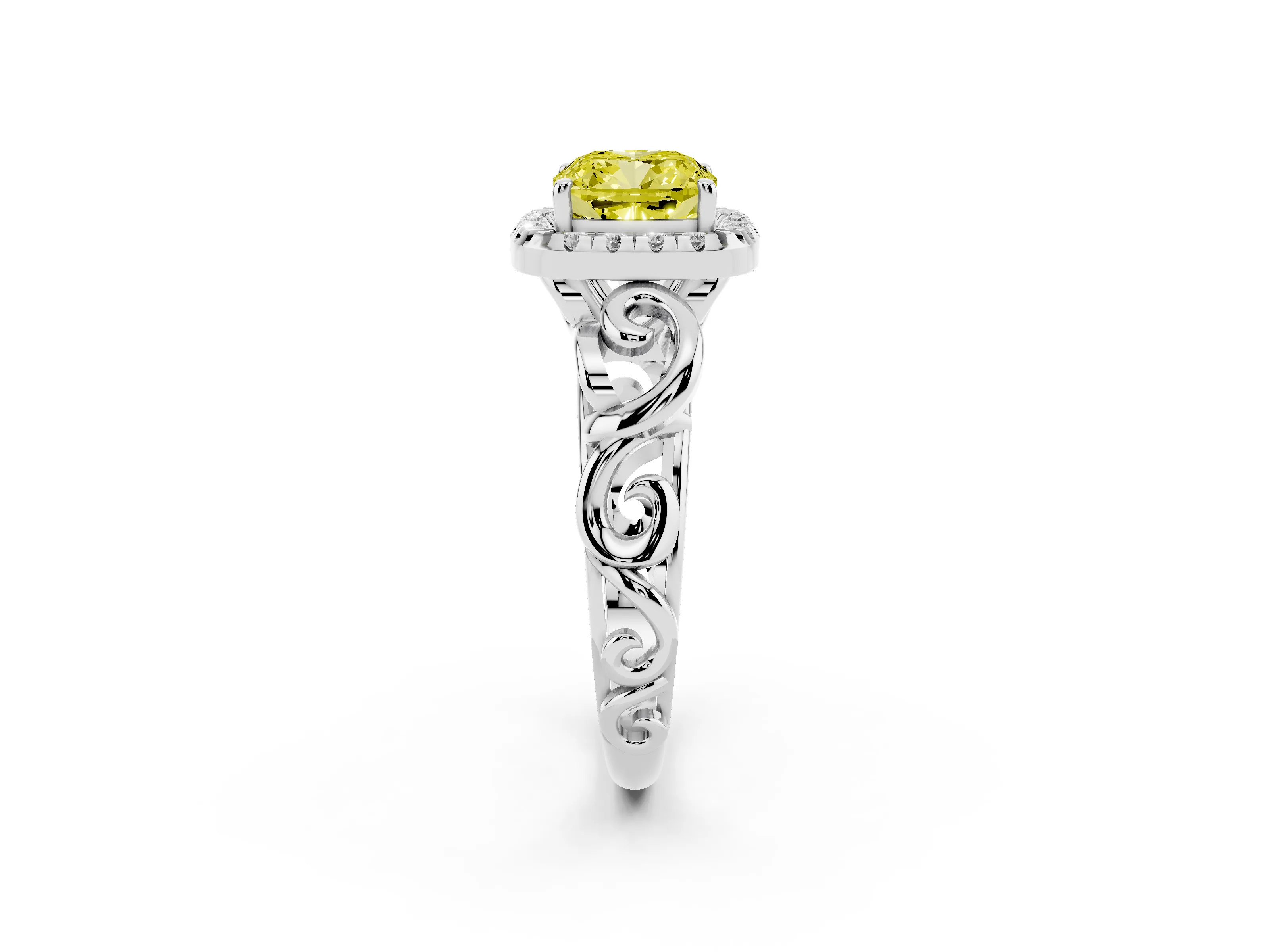 Fancy Yellow Cushion Cut Diamond Halo Ring Set in Platinum with Scrollwork Band and Prong Setting
