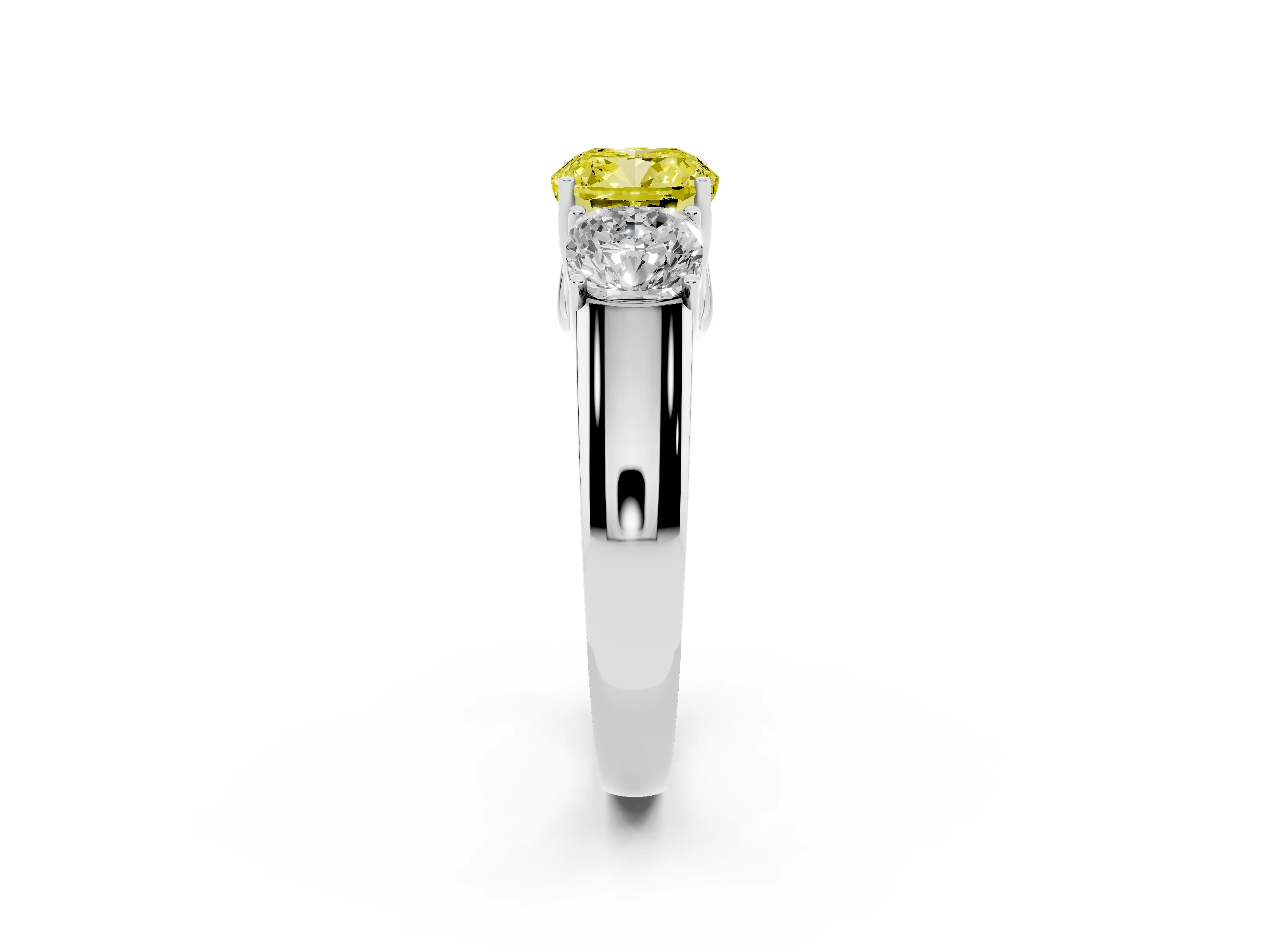 Fancy Yellow Three-Stone Cushion Cut Diamond Ring Set in Silver with Matching Prong Settings and Plain Band