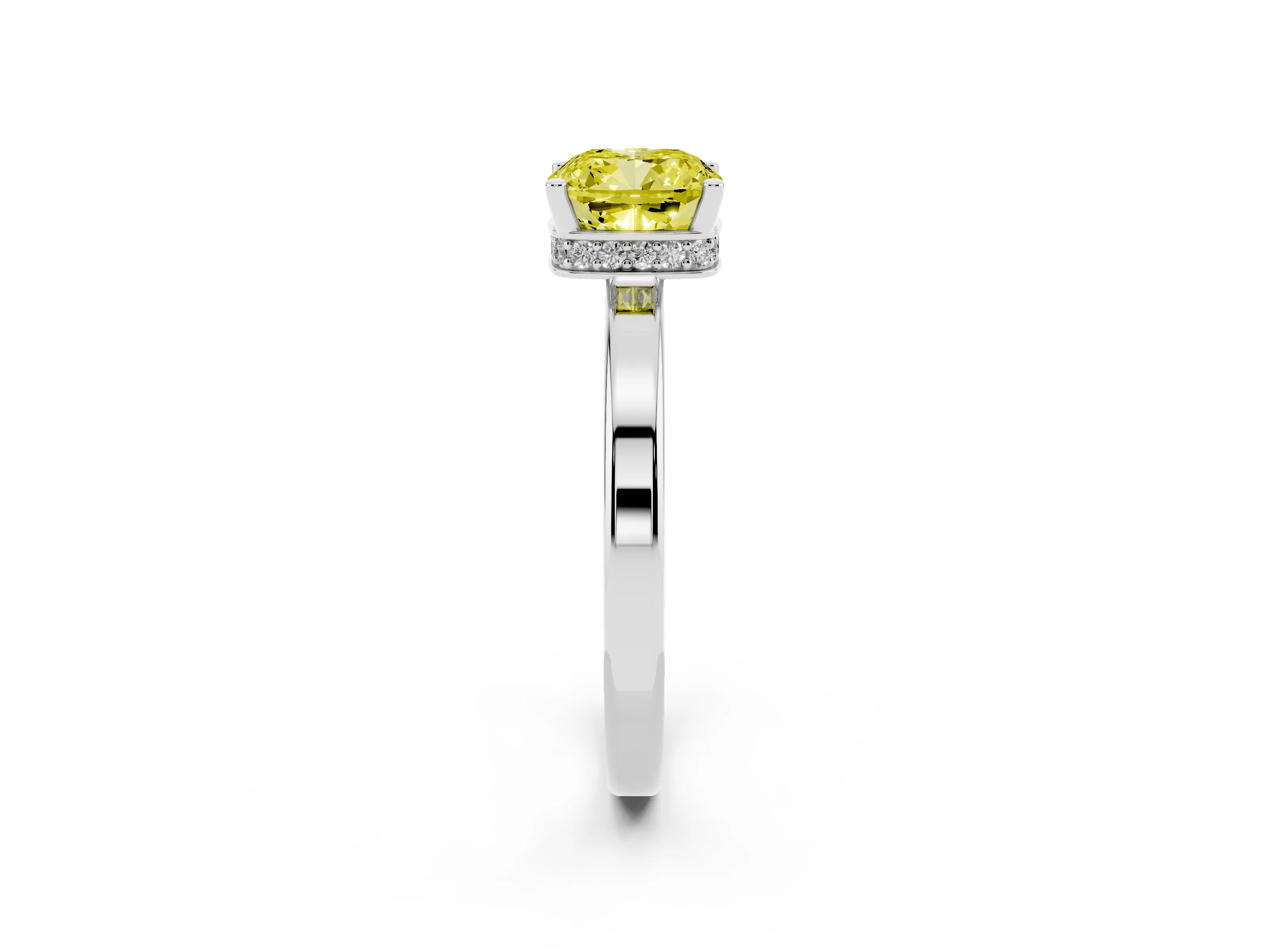 Fancy Yellow Cushion Cut Diamond Solitaire Engagement Ring Set in White gold with Prong Setting on a Plain Band