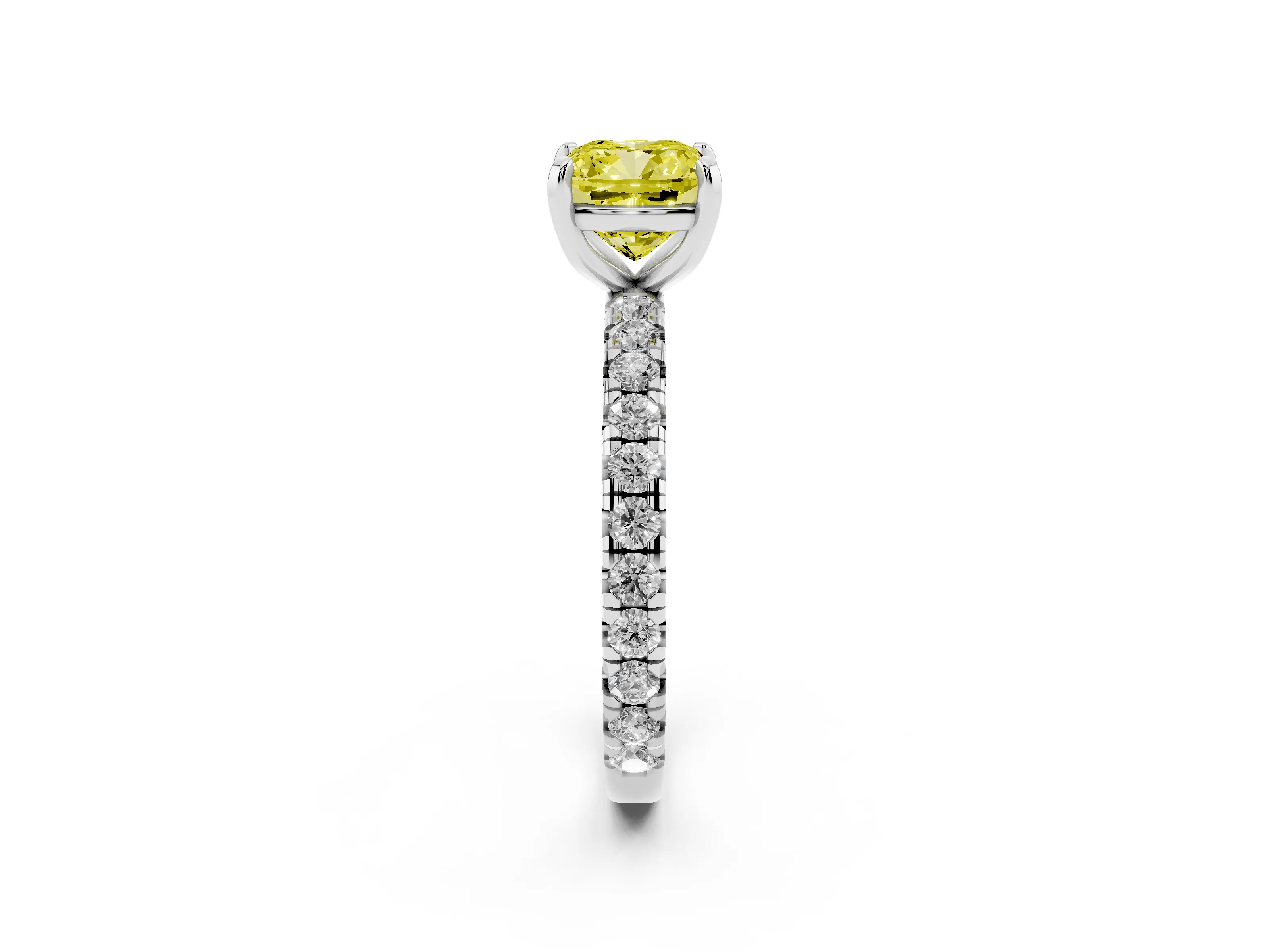 Fancy Yellow Cushion Cut Diamond Pavé Solitaire Ring Set in White gold with Round Band and Prong Setting