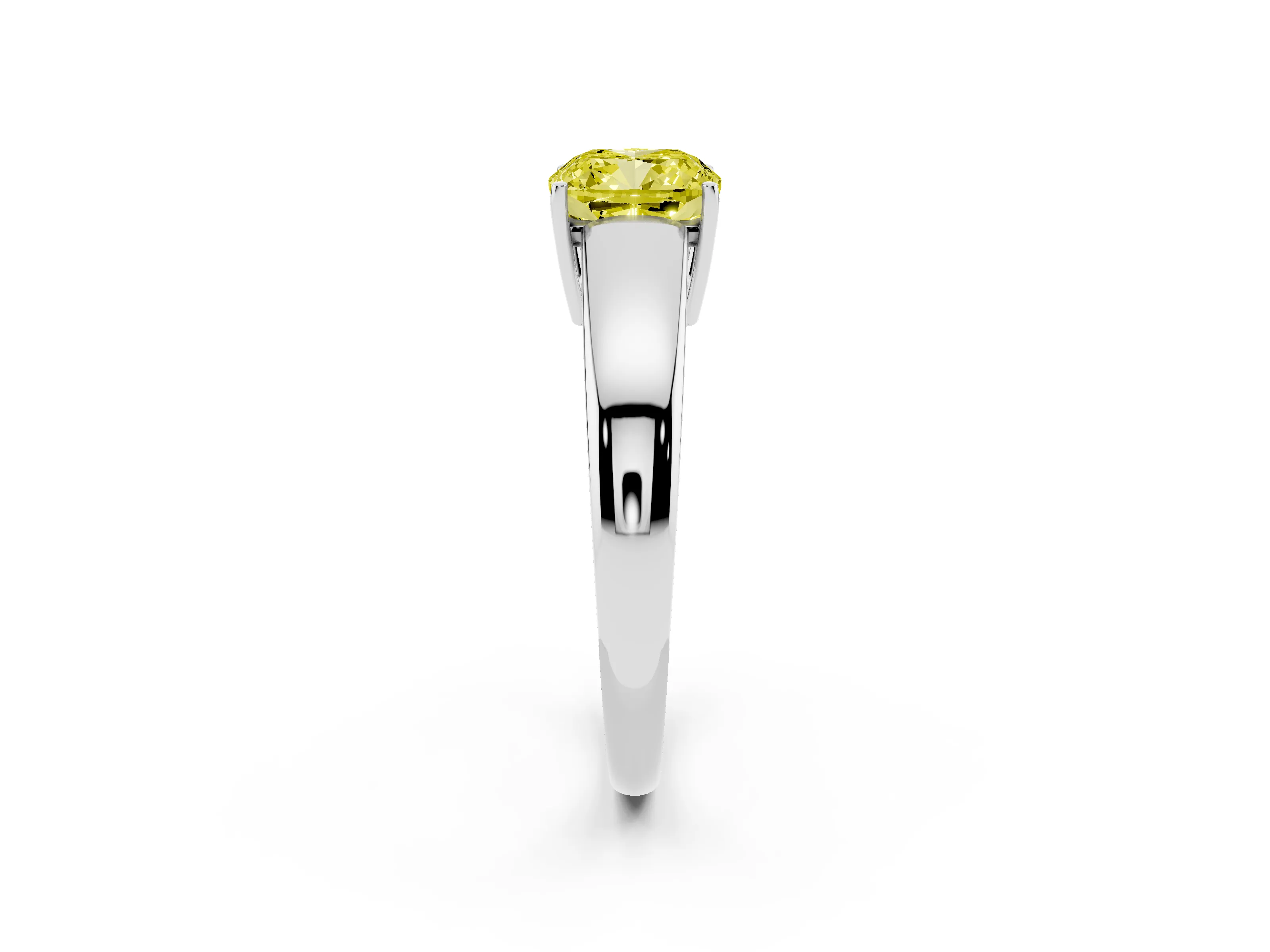 Fancy Yellow Cushion Cut Diamond Solitaire Ring Set in White gold with Tapered Band and Prong Setting