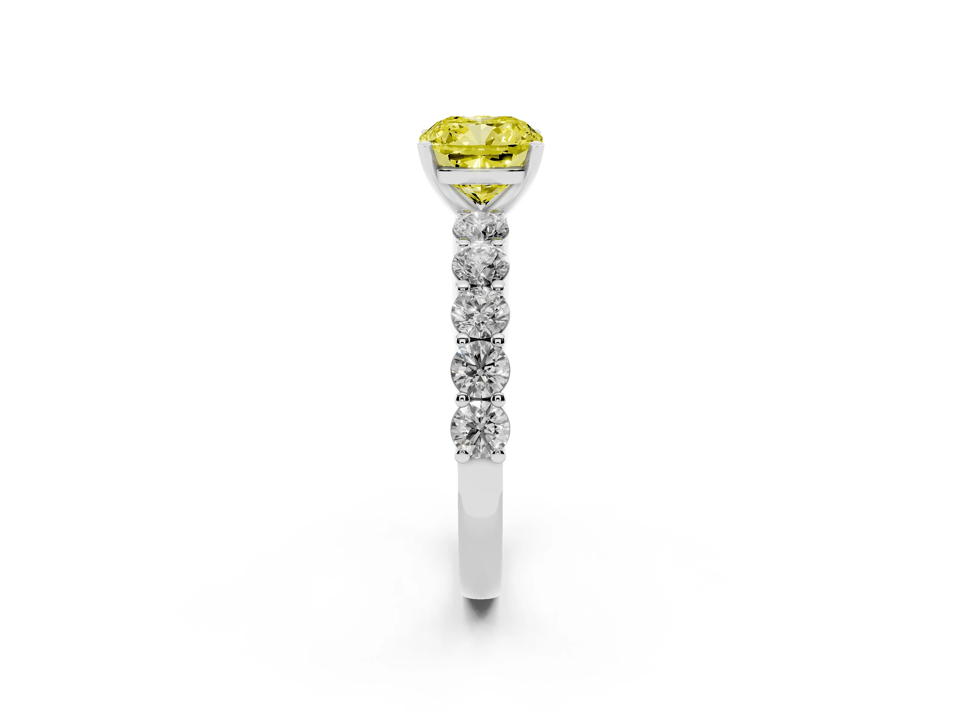 Fancy Yellow Cushion Cut Diamond Solitaire Ring Set in Silver with Shared Prong Round Side Stones