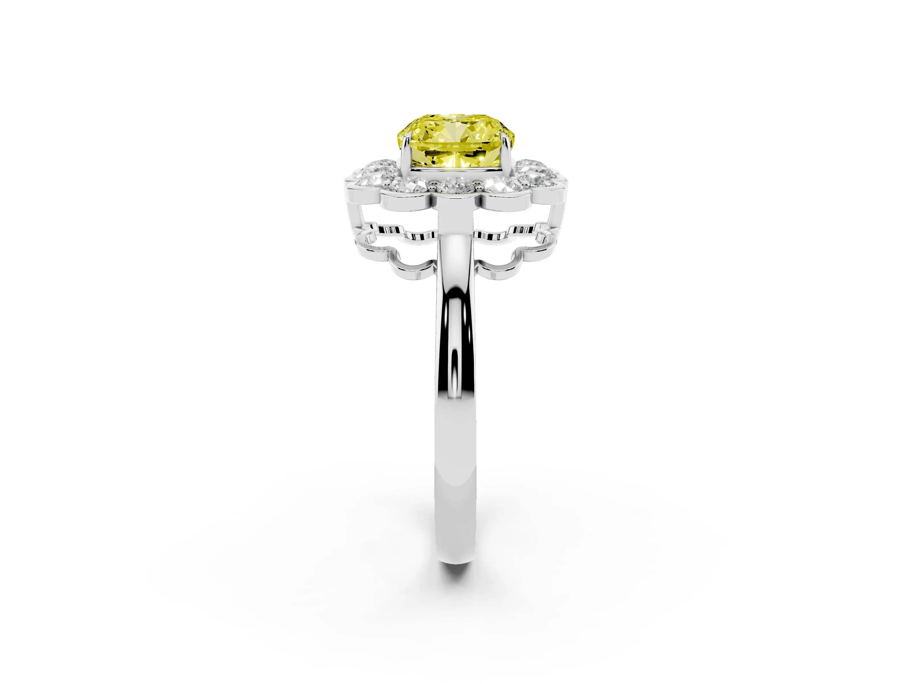 Fancy Yellow Cushion Cut Diamond Halo Cluster Engagement Ring Set in Platinum with Solitaire Band and Prong Setting