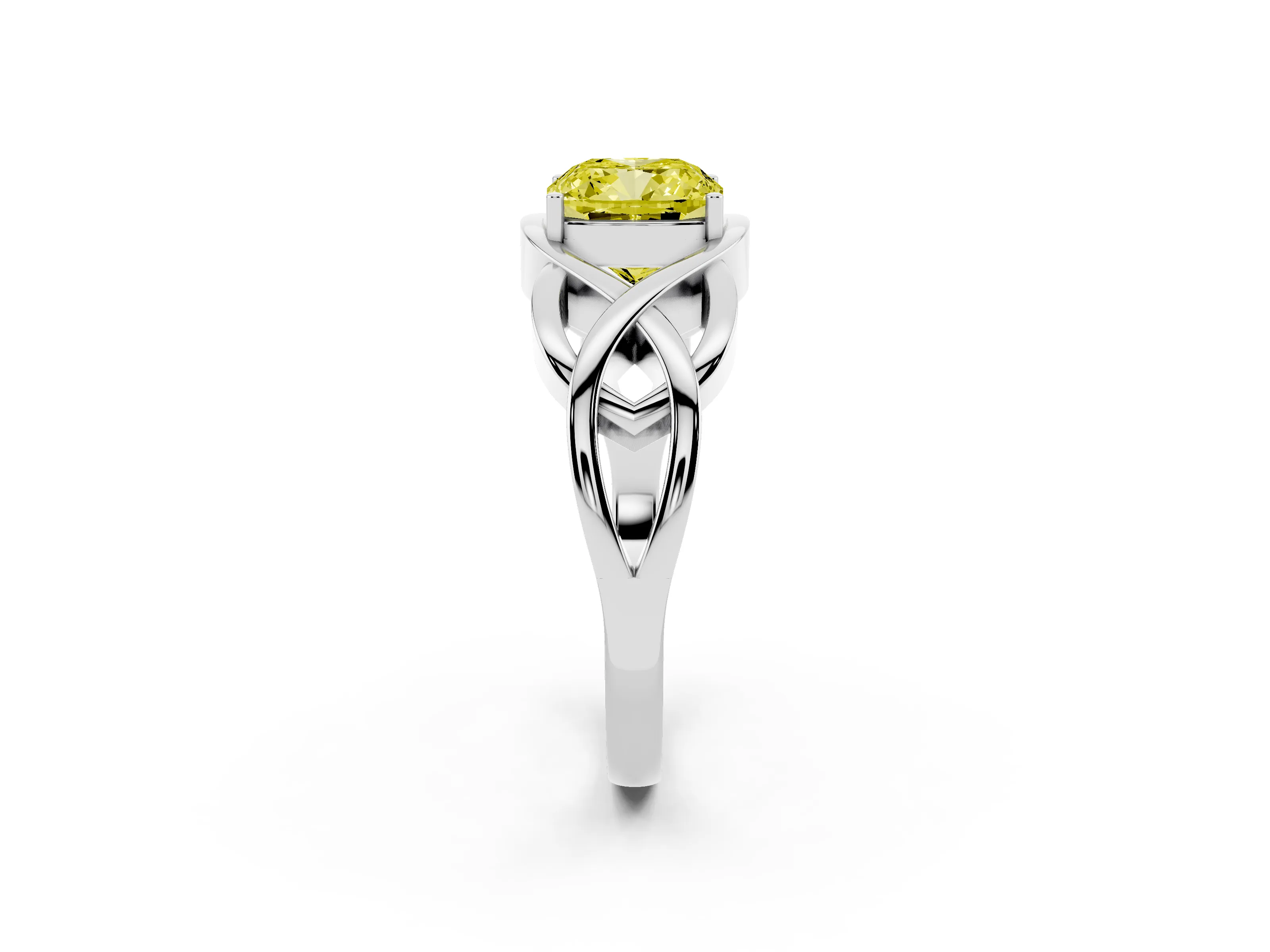 Fancy Yellow Cushion Cut Diamond Solitaire Ring Set in Silver with Intertwined Band