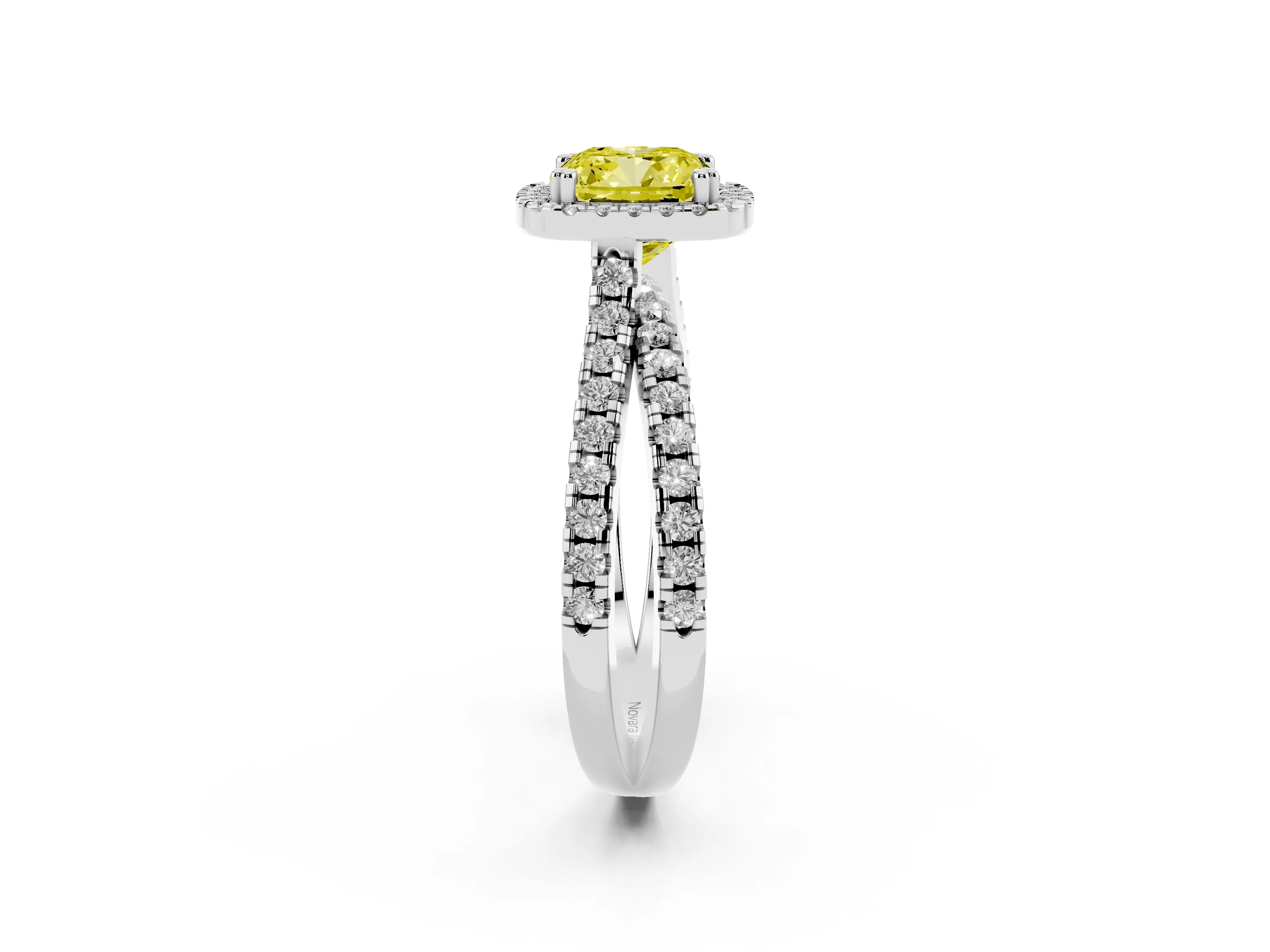 Fancy Yellow Cushion Cut Diamond Halo Split Shank Ring Set in Silver with Pavé Setting