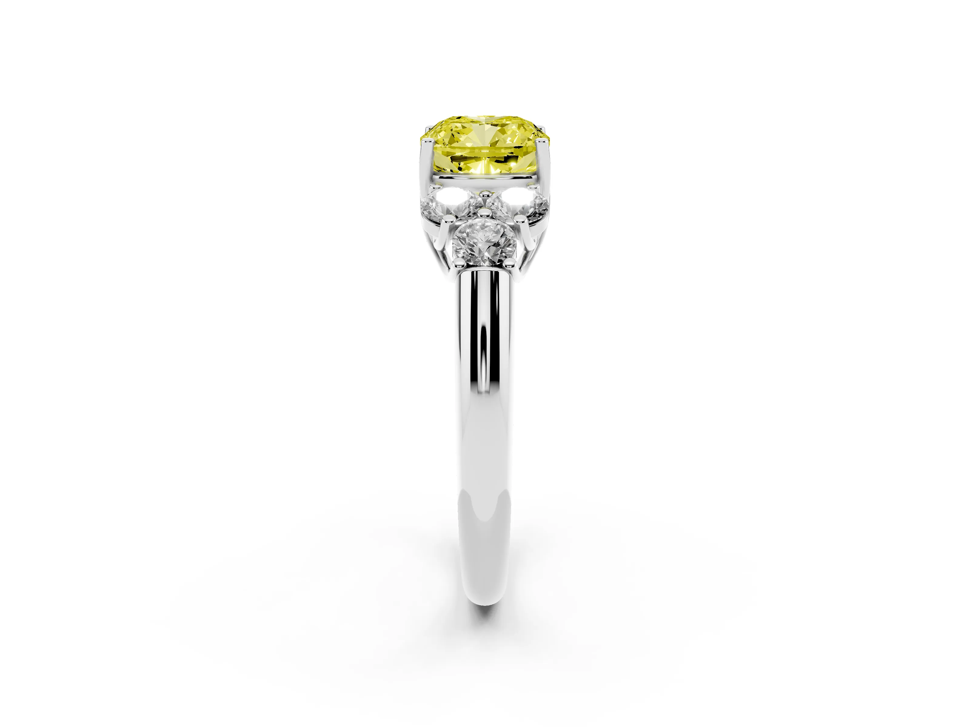 Fancy Yellow Cushion Cut Diamond Cluster Ring Set in White gold with Round Accent Stones and Prong Setting on a Plain Band