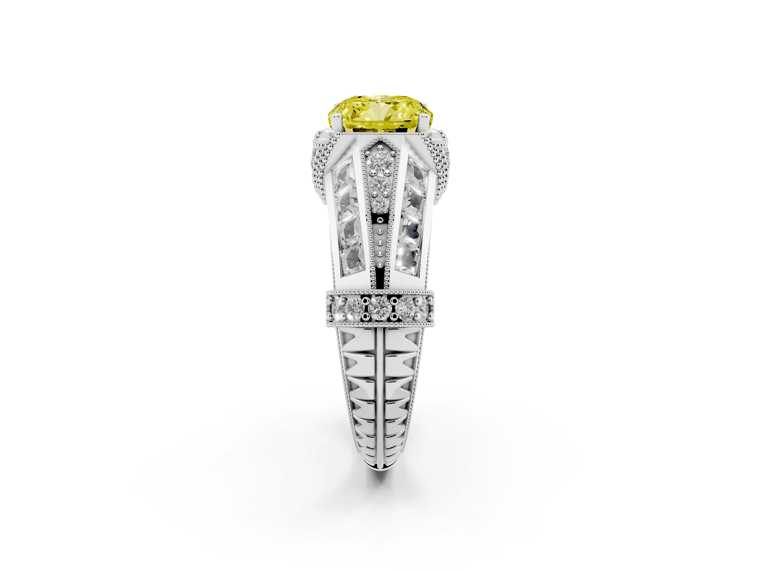 Fancy Yellow Cushion Cut Diamond Vintage-Inspired Milgrain Ring Set in Silver with Accent Split Shank
