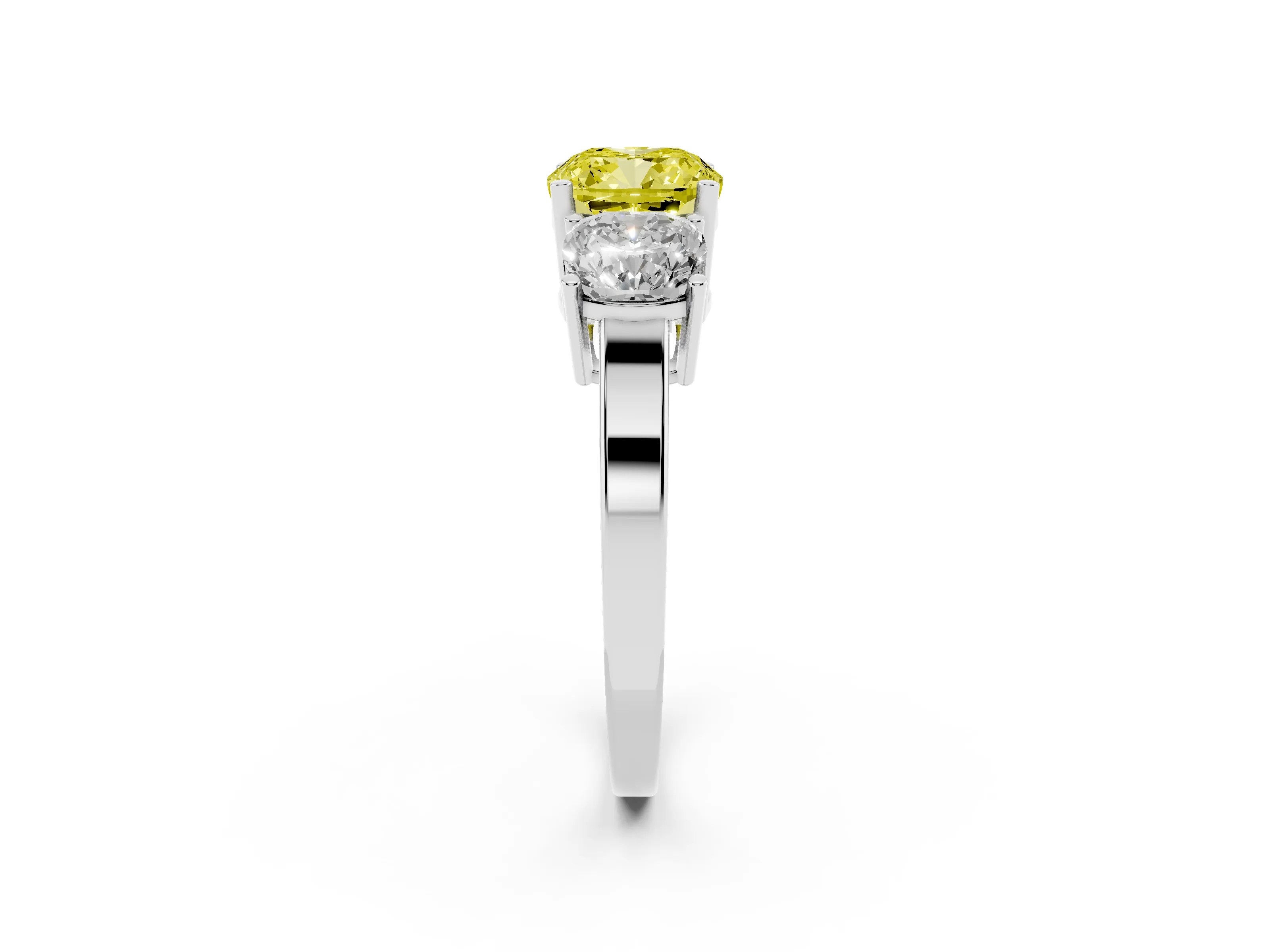 Fancy Yellow Cushion Cut Diamond Three-Stone Engagement Ring Set in Platinum with Flat Band