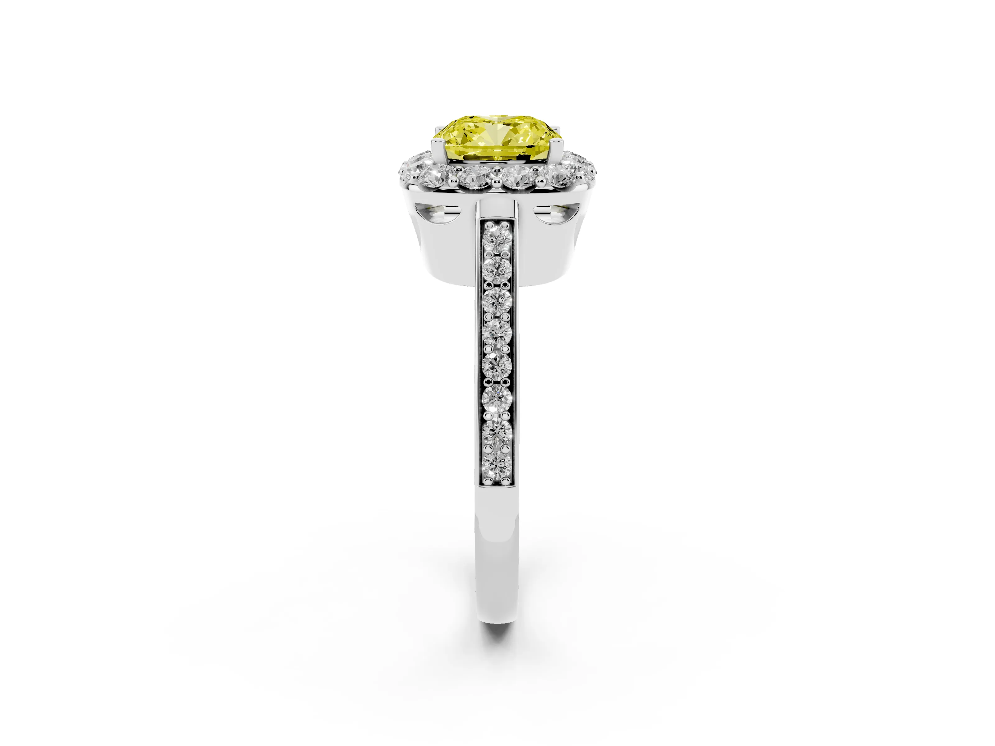 Fancy Yellow Cushion Cut Diamond Floral Halo Ring Set in White gold with Pavé Band and Prong Setting