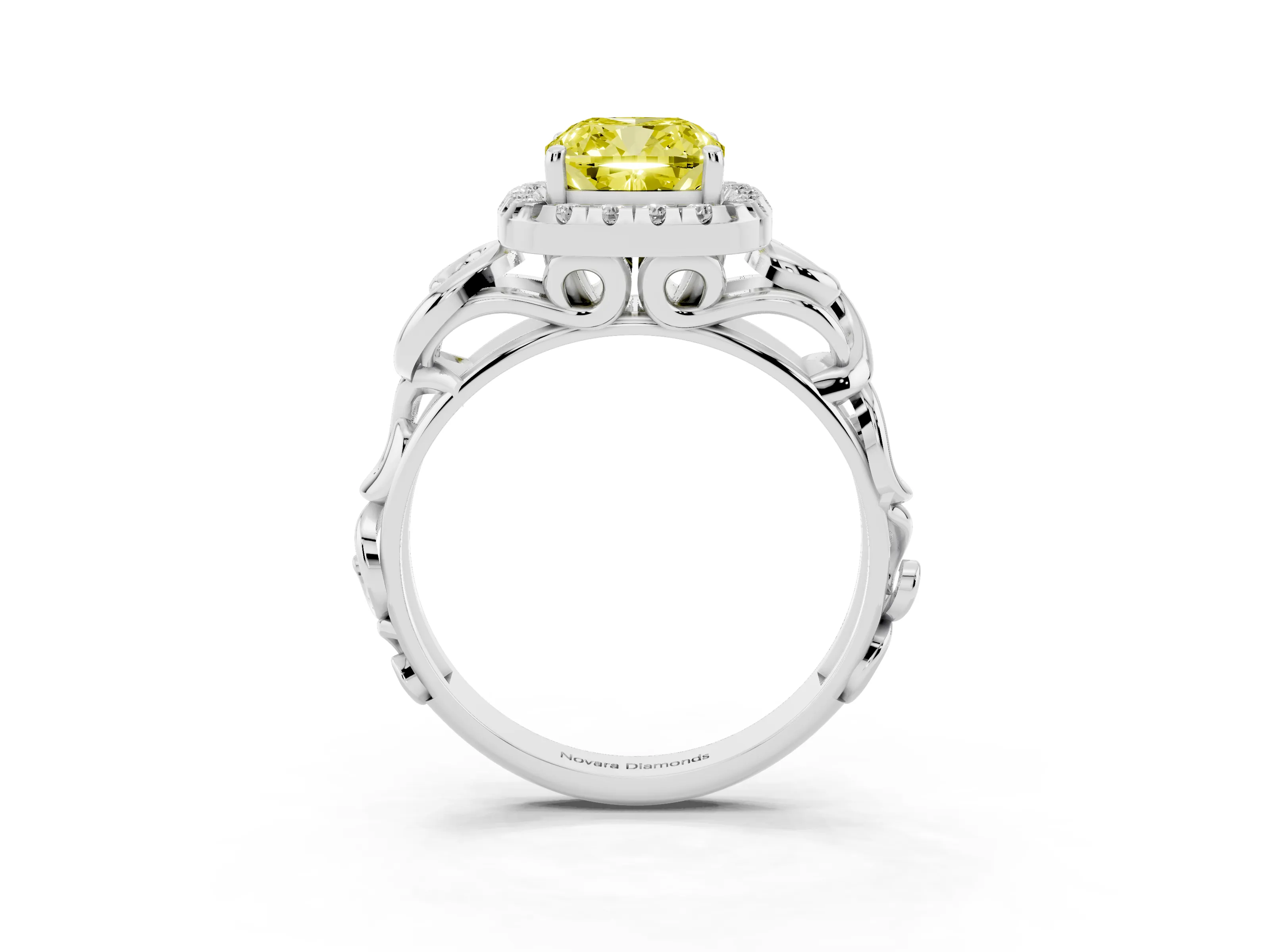 Fancy Yellow Cushion Cut Diamond Halo Ring Set in Platinum with Scrollwork Band and Prong Setting