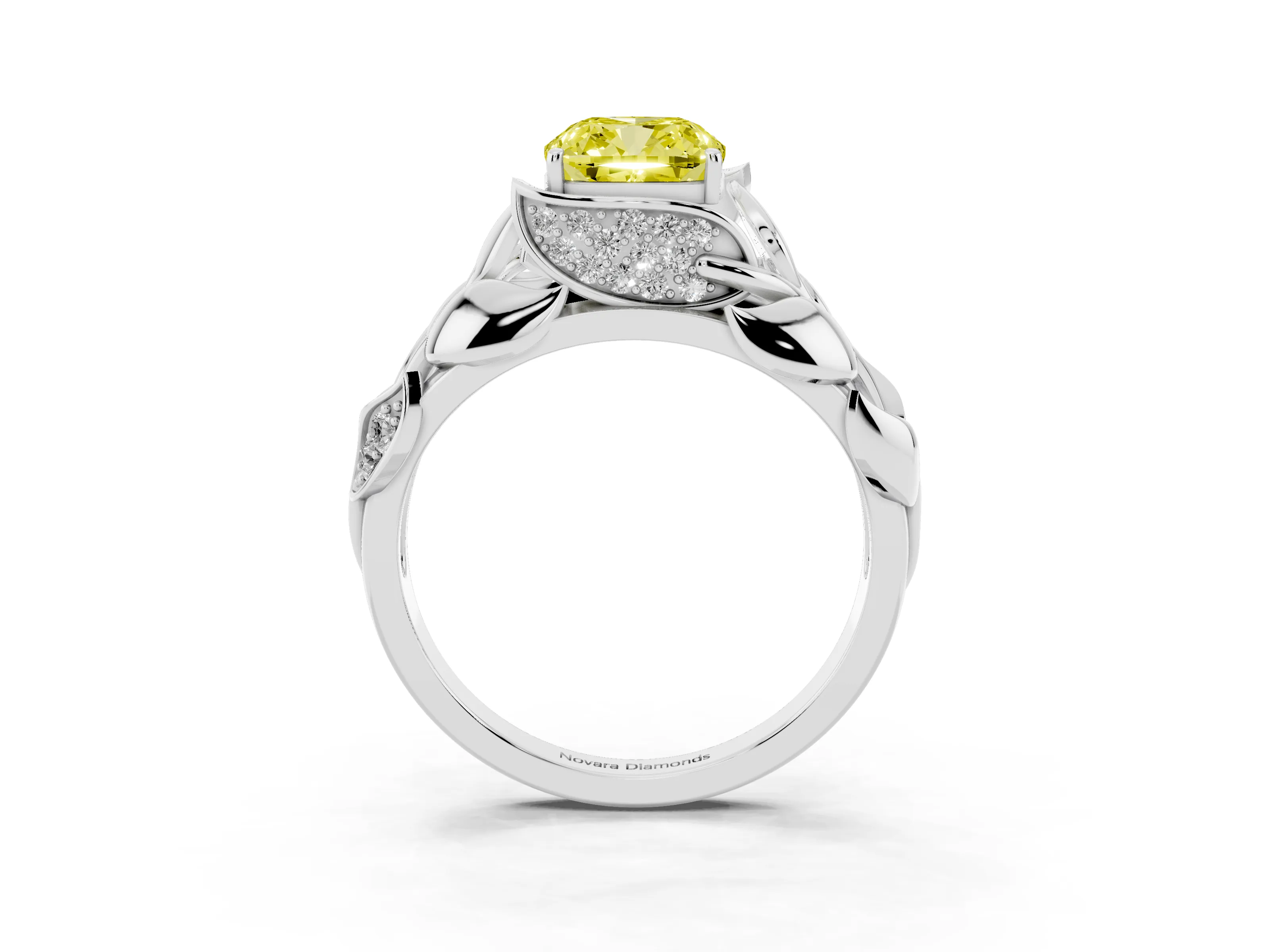 Fancy Yellow Cushion Cut Diamond Leaf-Inspired Engagement Ring Set in White gold with Round Accents