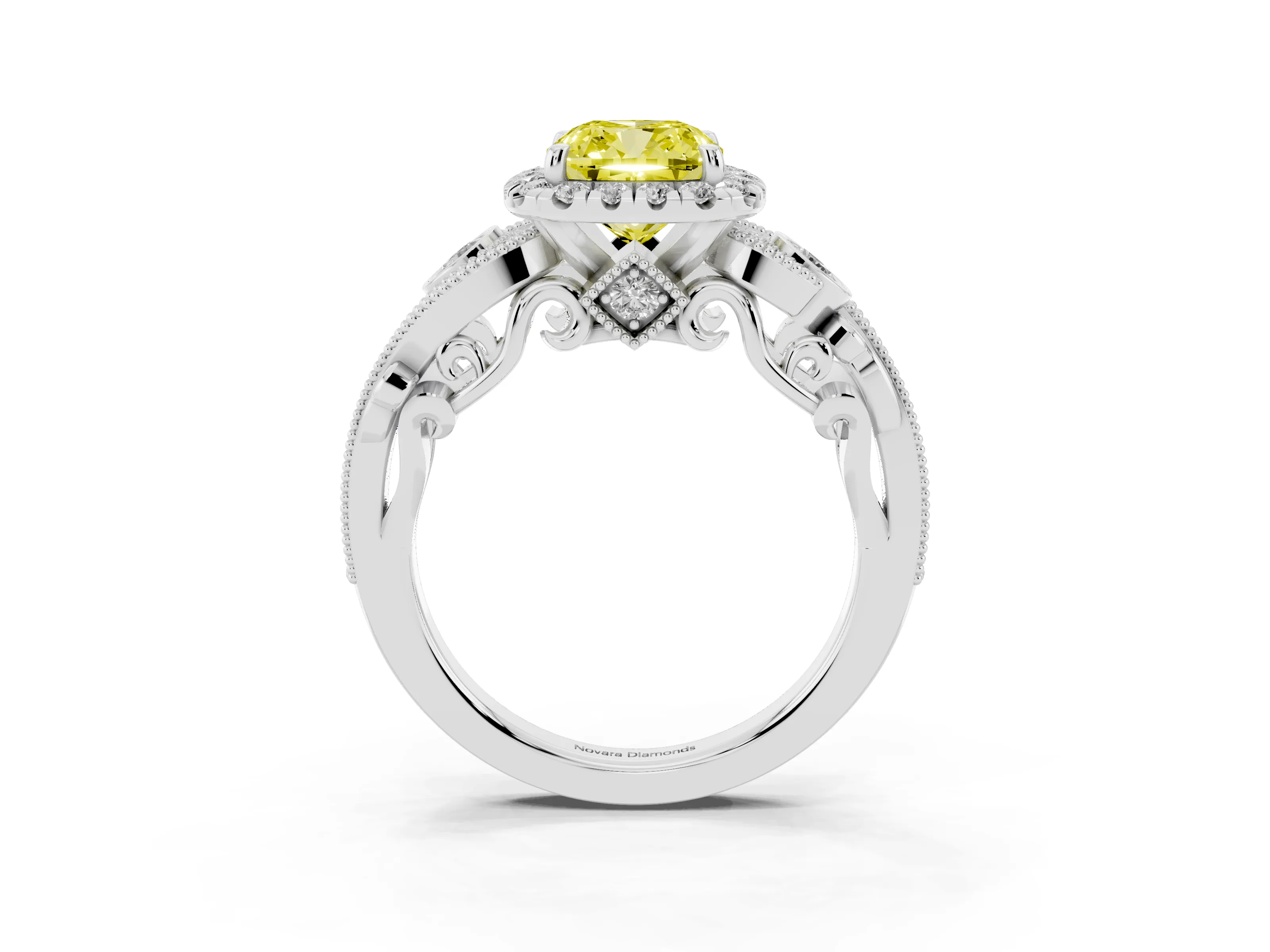 Fancy Yellow Cushion Cut Diamond Halo Ring Set in Platinum with Milgrain Pavé Band and Prong Setting