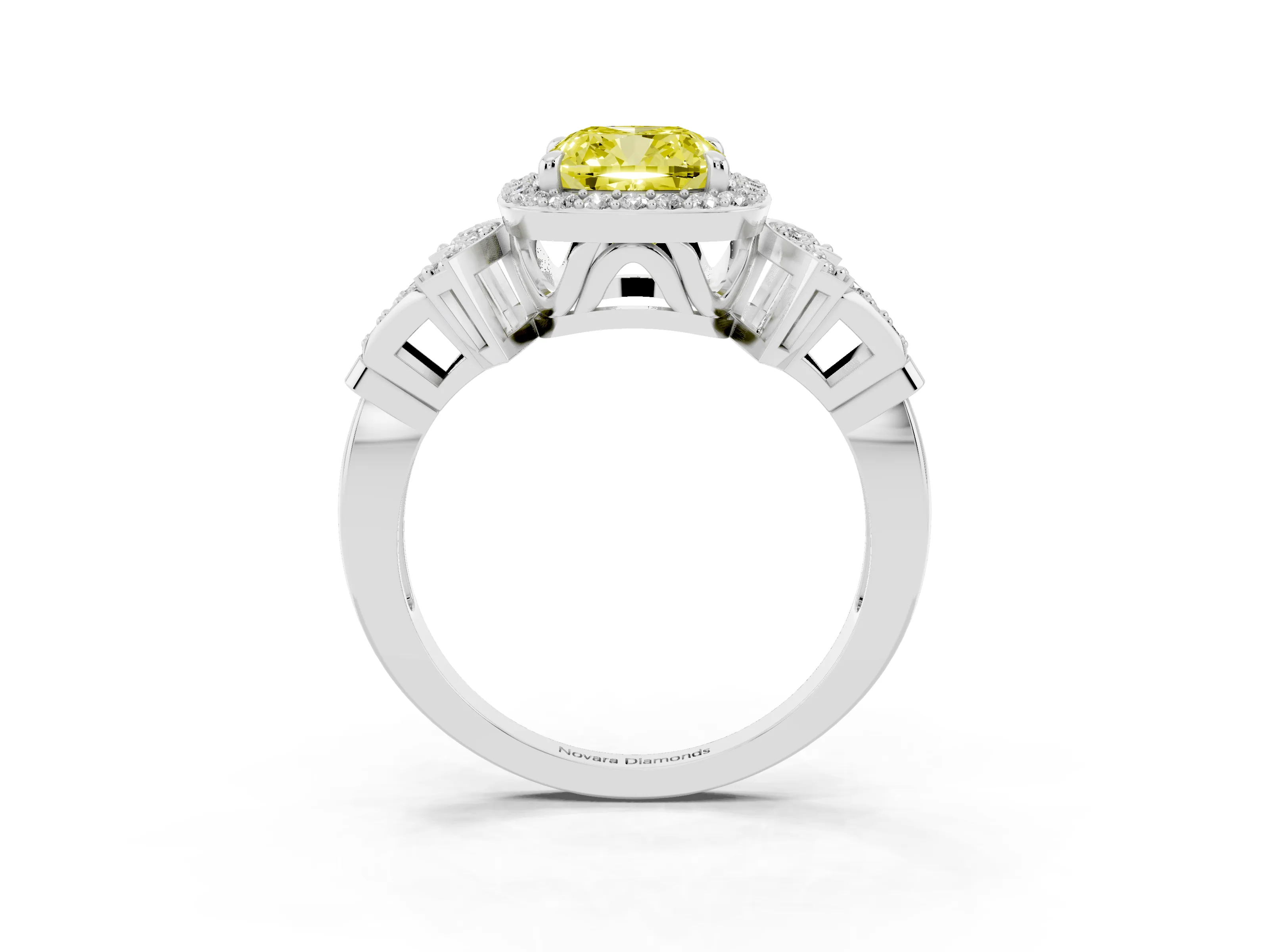 Fancy Yellow Cushion Cut Diamond Halo Engagement Ring Set in Platinum with Accent Stone Split Shank