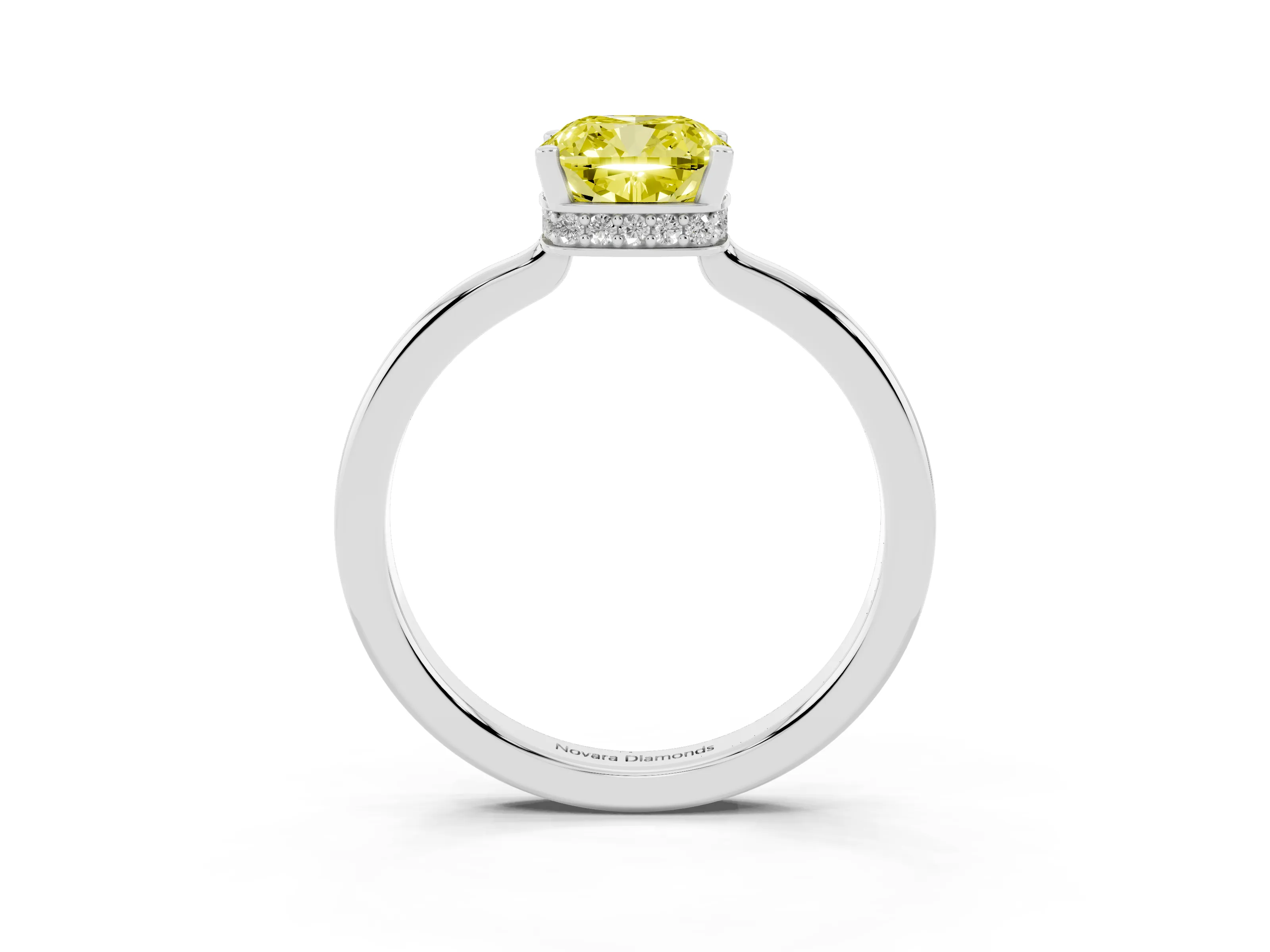 Fancy Yellow Cushion Cut Diamond Solitaire Engagement Ring Set in White gold with Prong Setting on a Plain Band