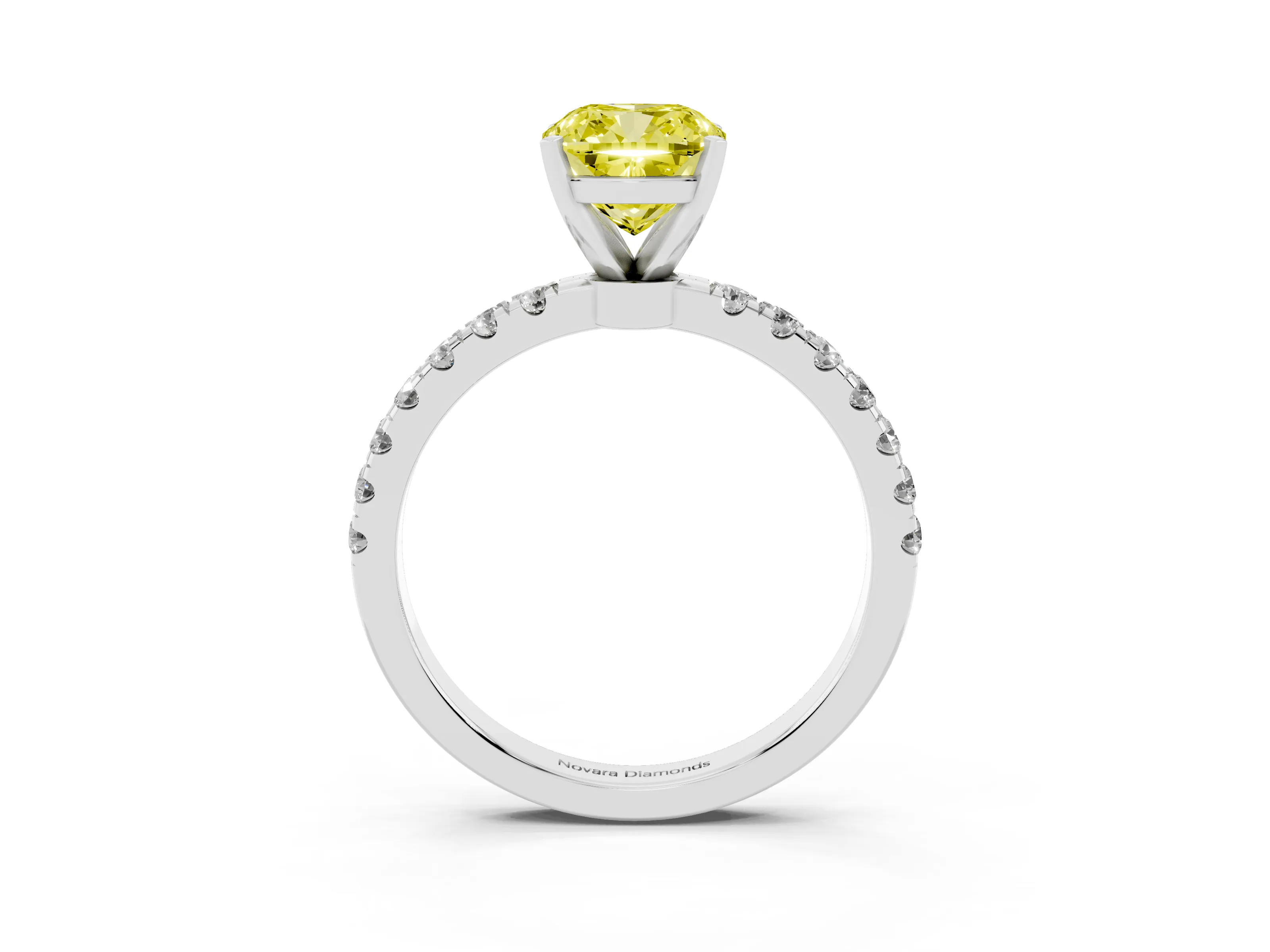 Fancy Yellow Cushion Cut Diamond Solitaire Ring Set in Silver with Pavé Accents and Prong Setting