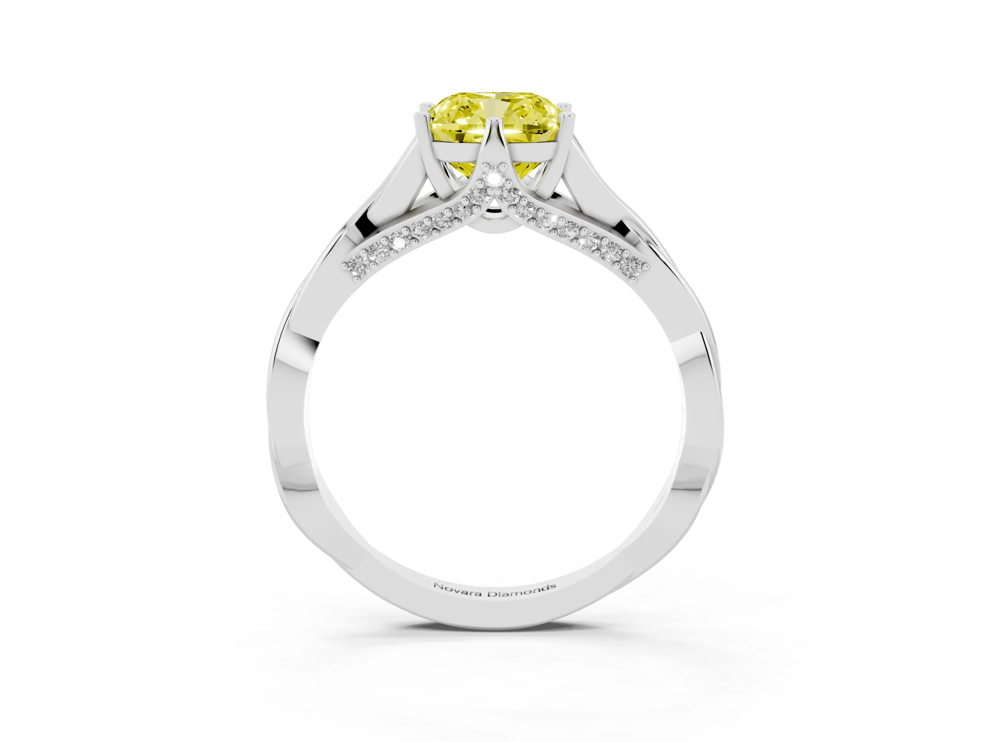 Fancy Yellow Cushion Cut Diamond Intertwined Twist Band Solitaire Ring Set in White gold with Prong Setting
