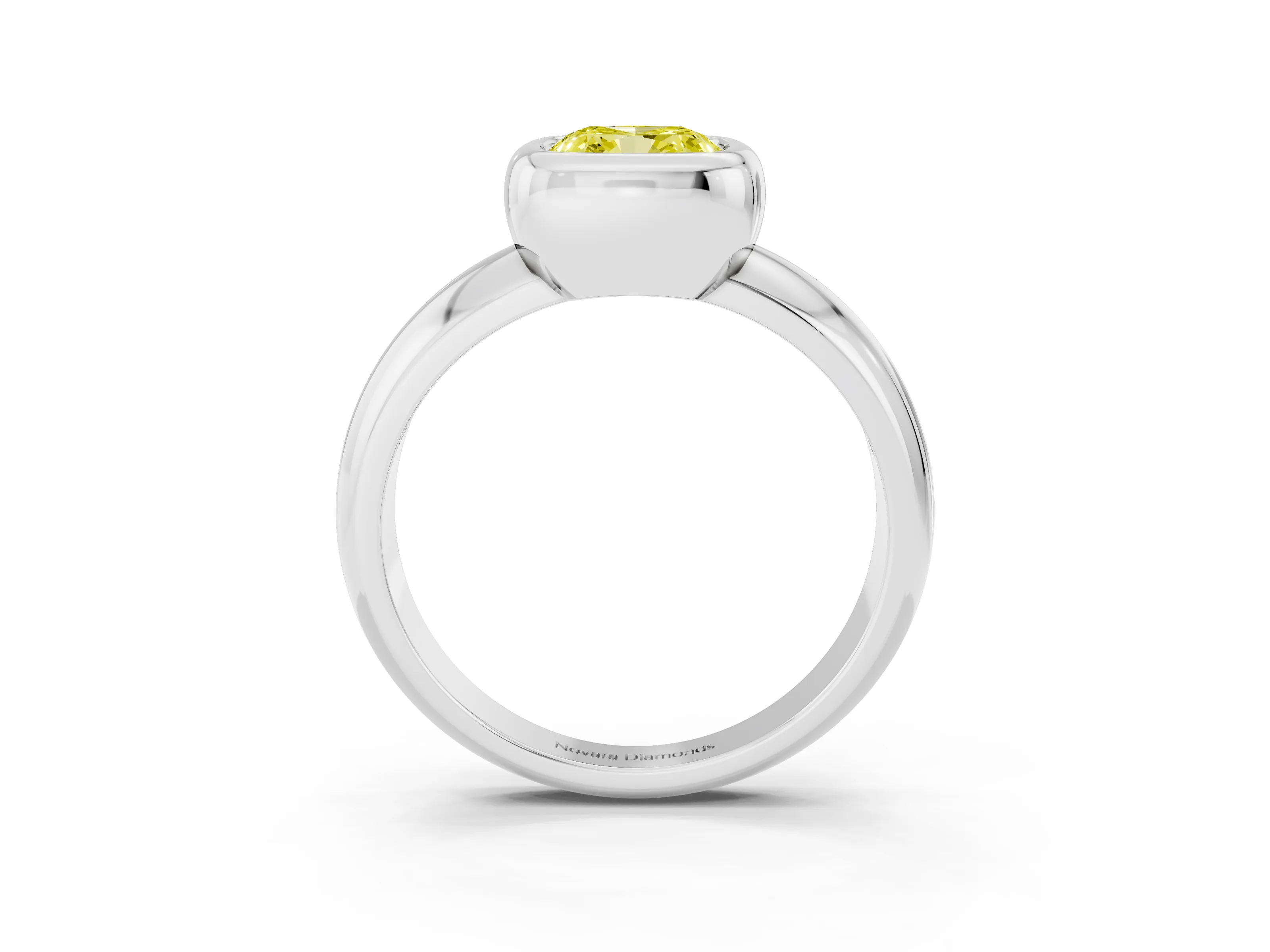 Fancy Yellow Bezel Set Cushion Cut Diamond Solitaire Ring Set in White gold with Wide Band