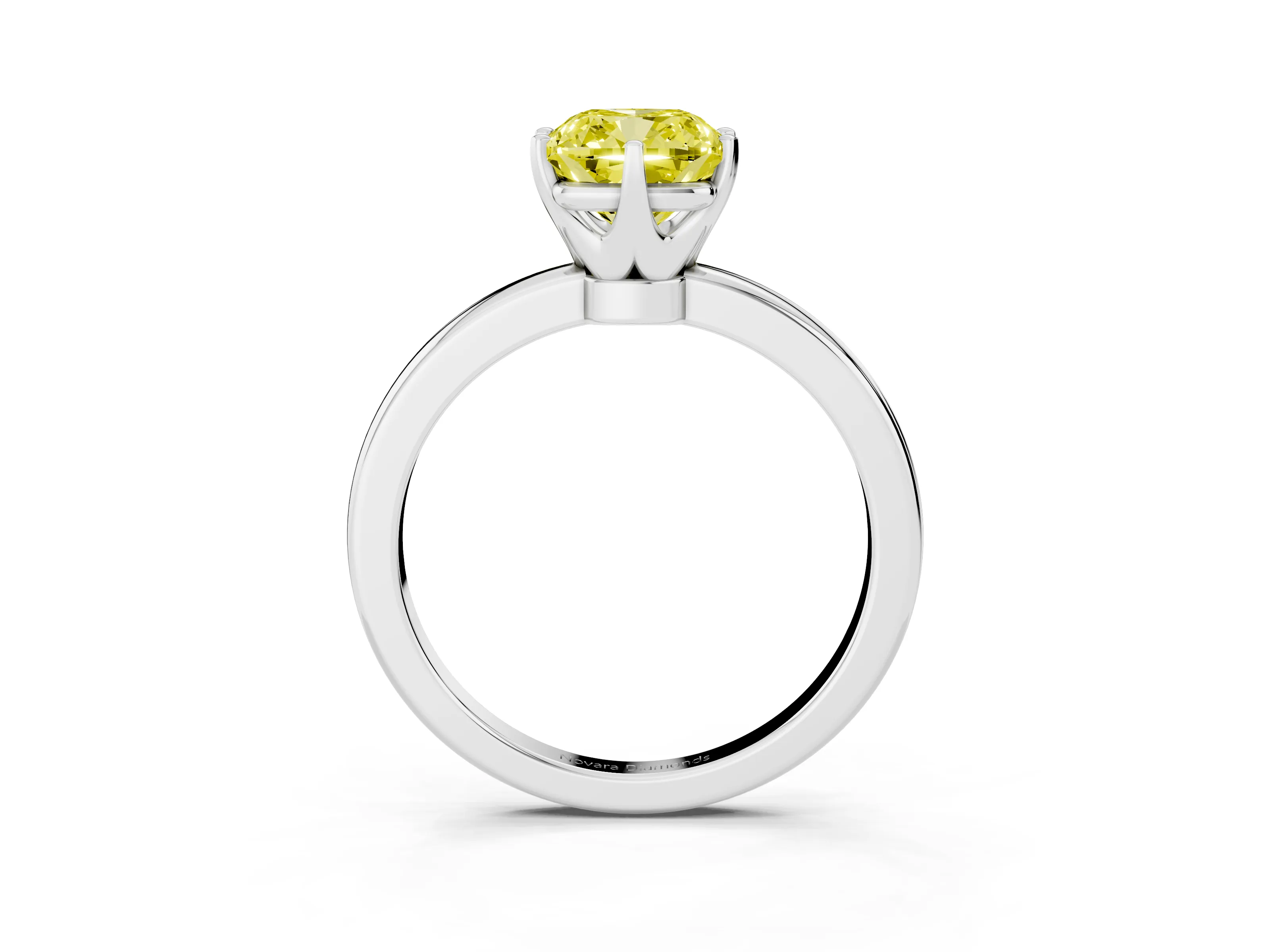 Fancy Yellow Cushion Cut Diamond Solitaire Ring Set in Platinum with Raised Prong Setting on a Classic Band