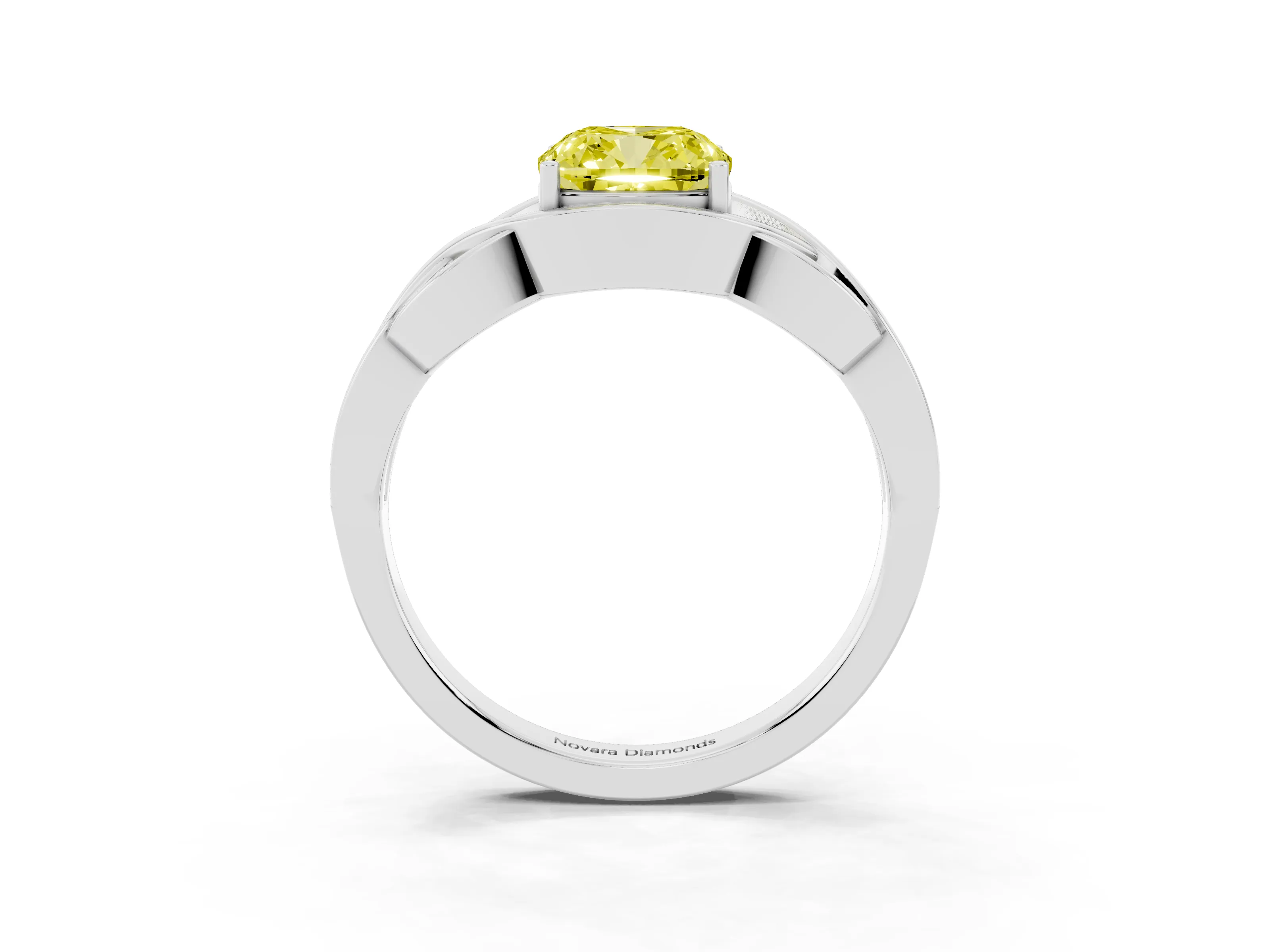 Fancy Yellow Cushion Cut Diamond Solitaire Ring Set in Silver with Intertwined Band