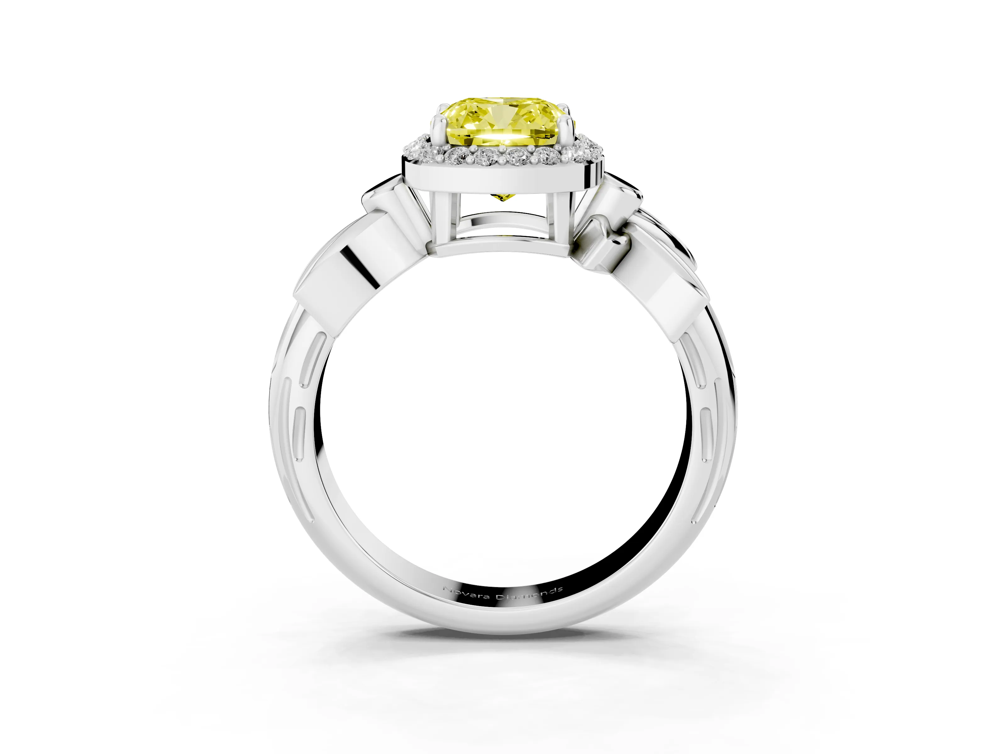 Fancy Yellow Cushion Cut Diamond Halo Floral Band Ring Set in Silver with Prong Setting