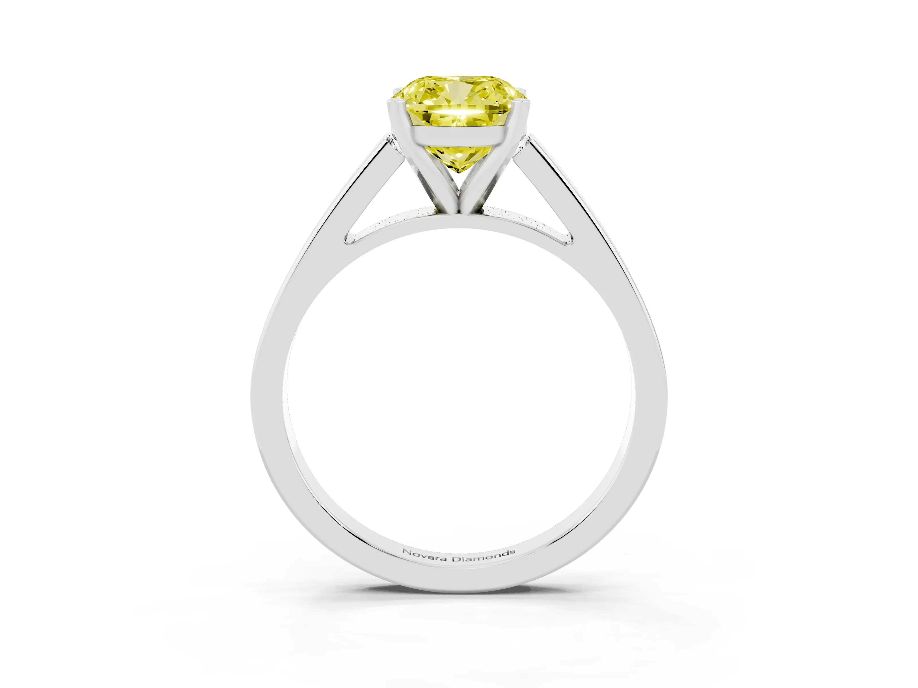Fancy Yellow Cushion Cut Diamond Solitaire Engagement Ring Set in White gold with Prong Setting and Tapered Band