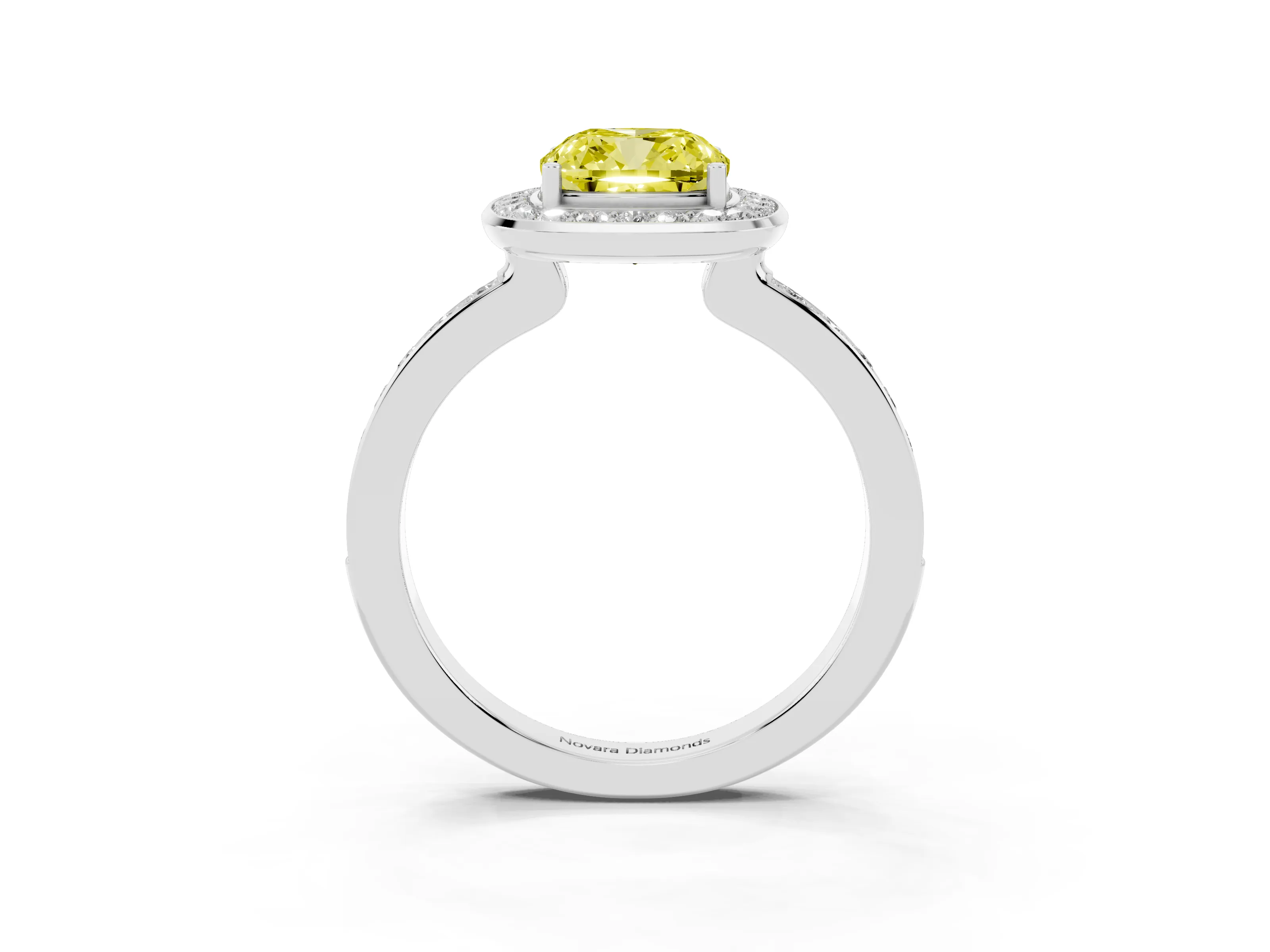 Fancy Yellow Cushion Cut Diamond Halo Ring Set in White gold with Bezel Frame and Pavé Band